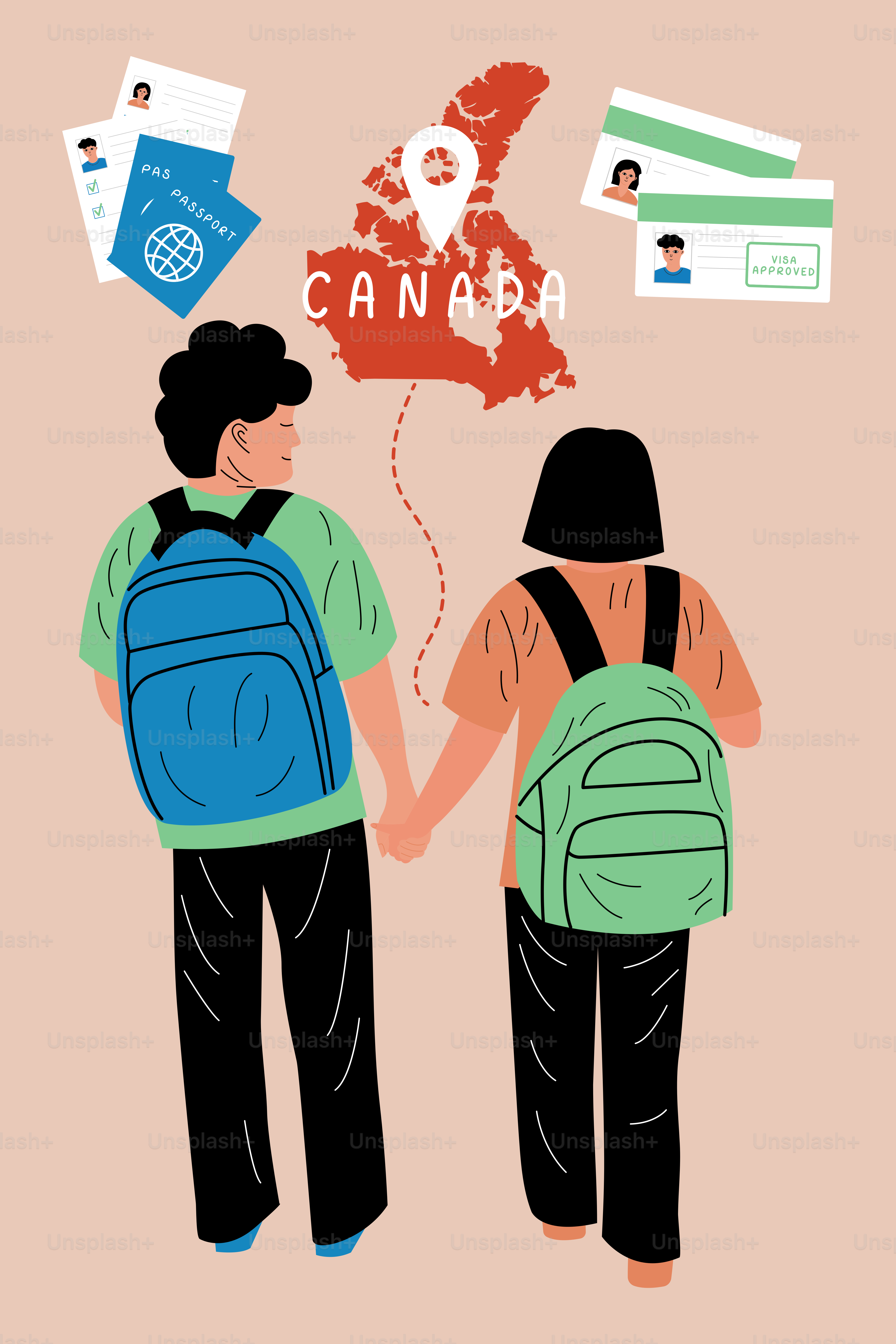 Viaggiatori con zaini che guardano verso il Canada e documenti di immigrazione.