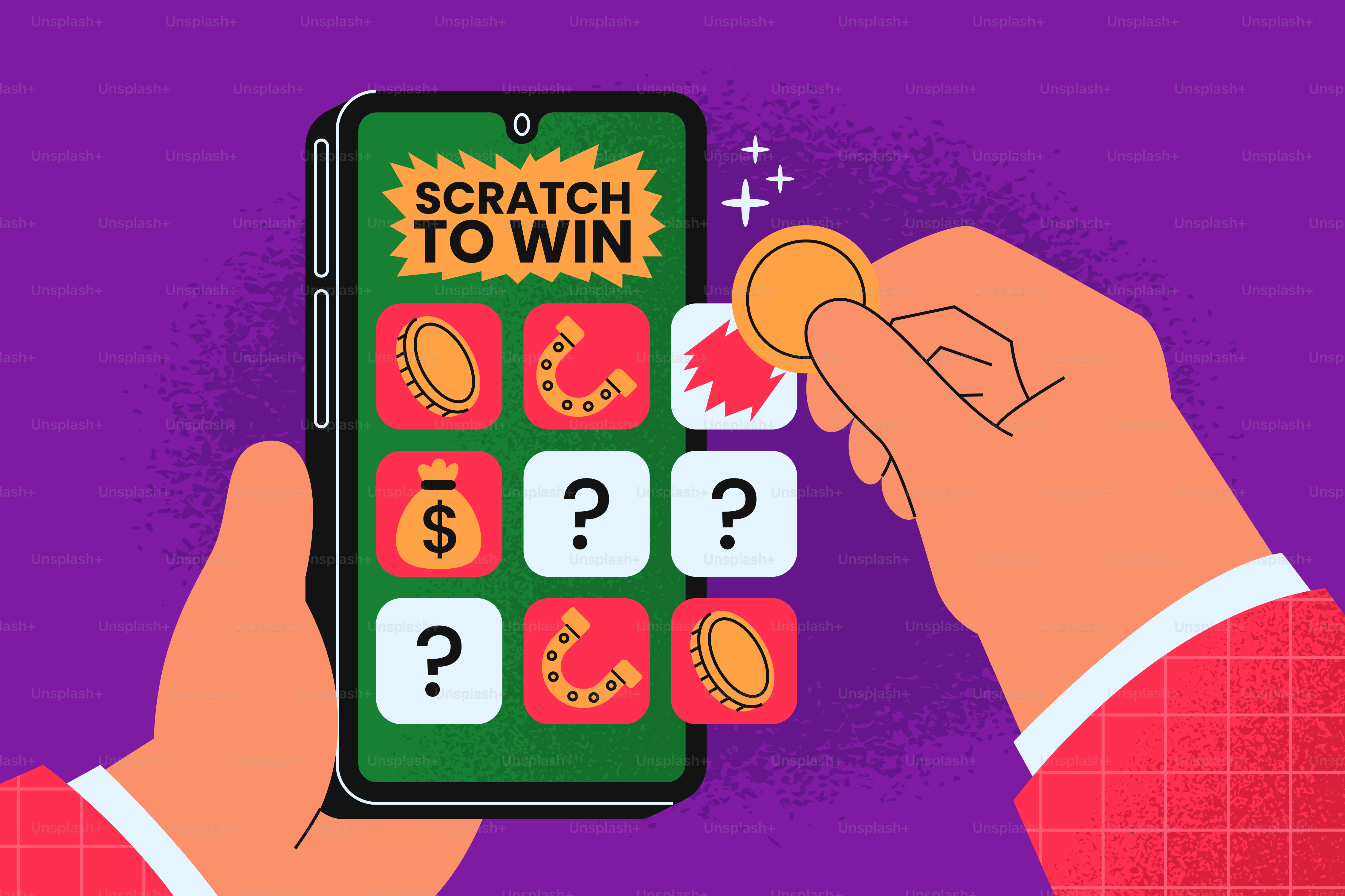 Grattare con la mano un gioco "scratch to win" su uno smartphone.