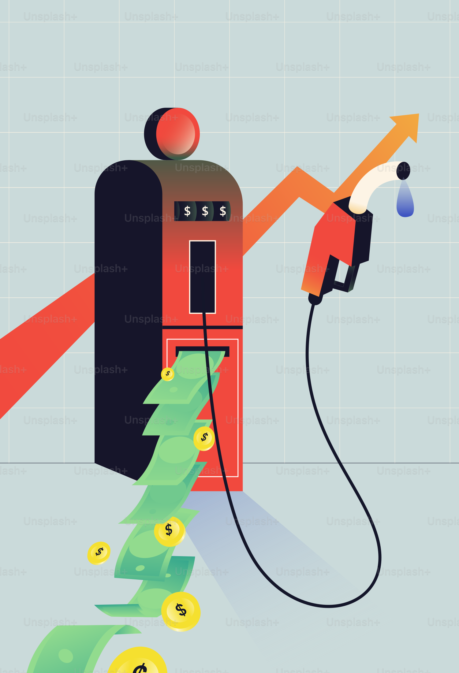 Money flowing into a gas pump with rising prices.