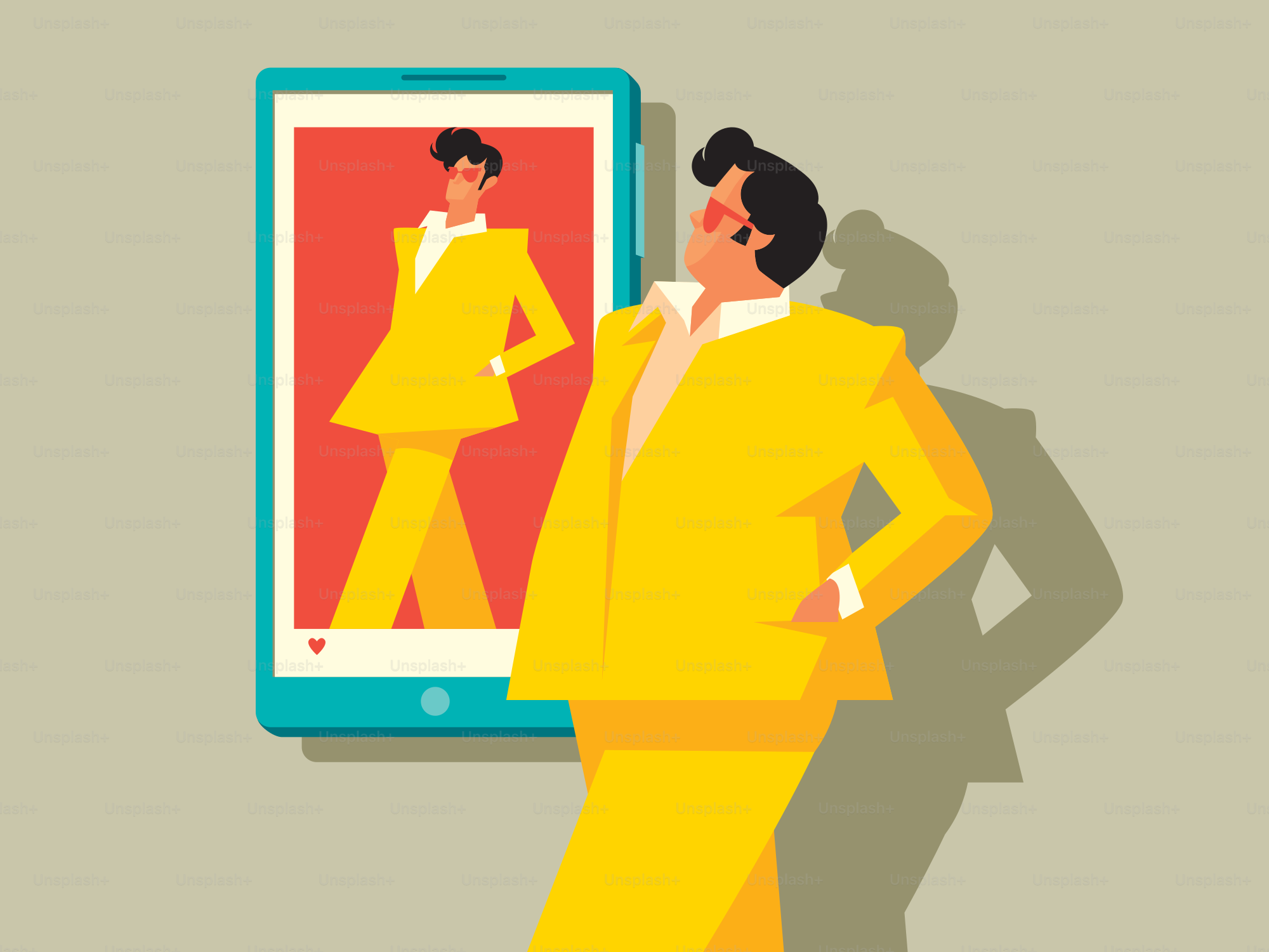 Man in yellow suit looking at his phone reflection.