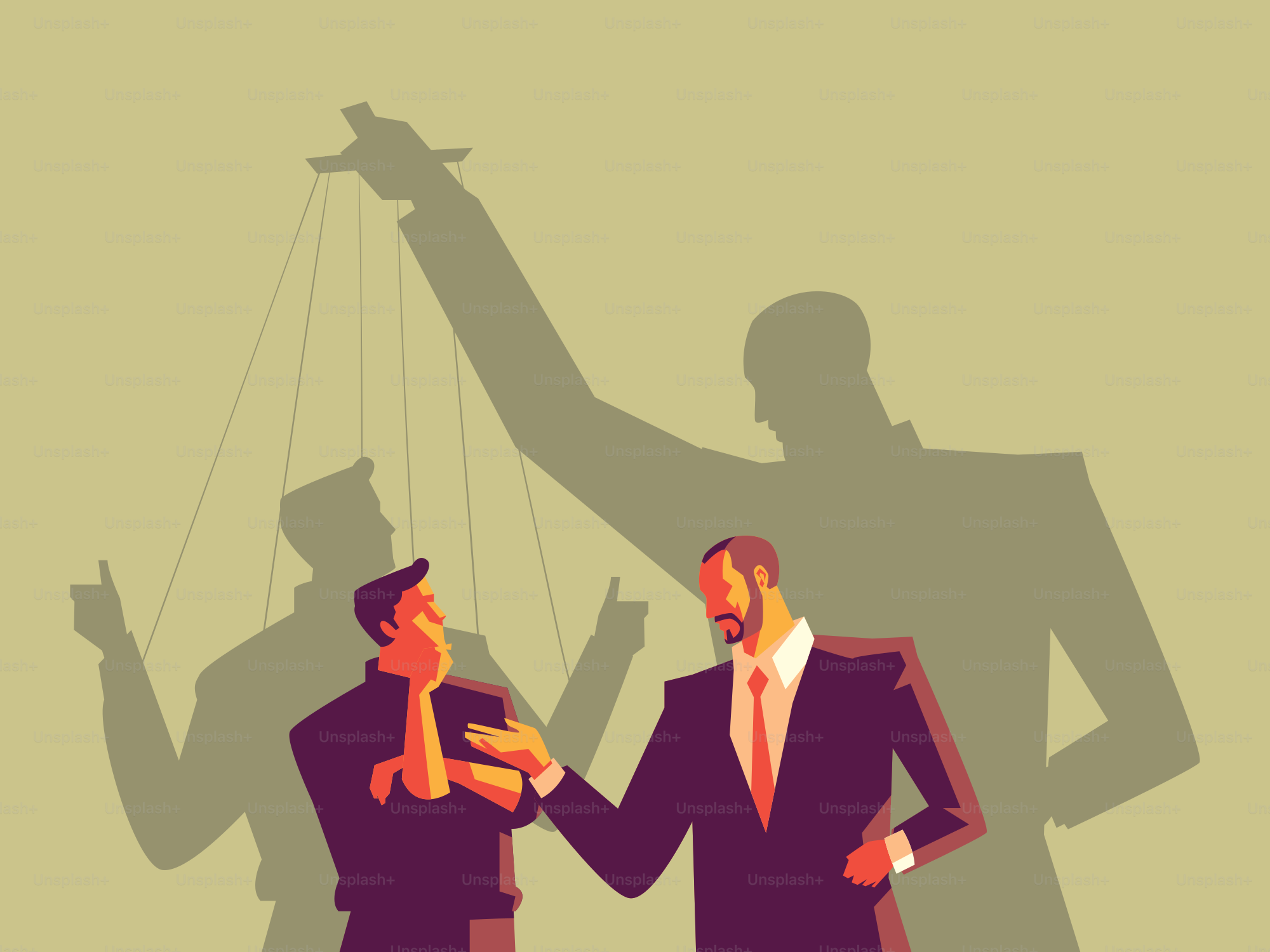 Um homem controlado pela sombra de um mestre de marionetes.