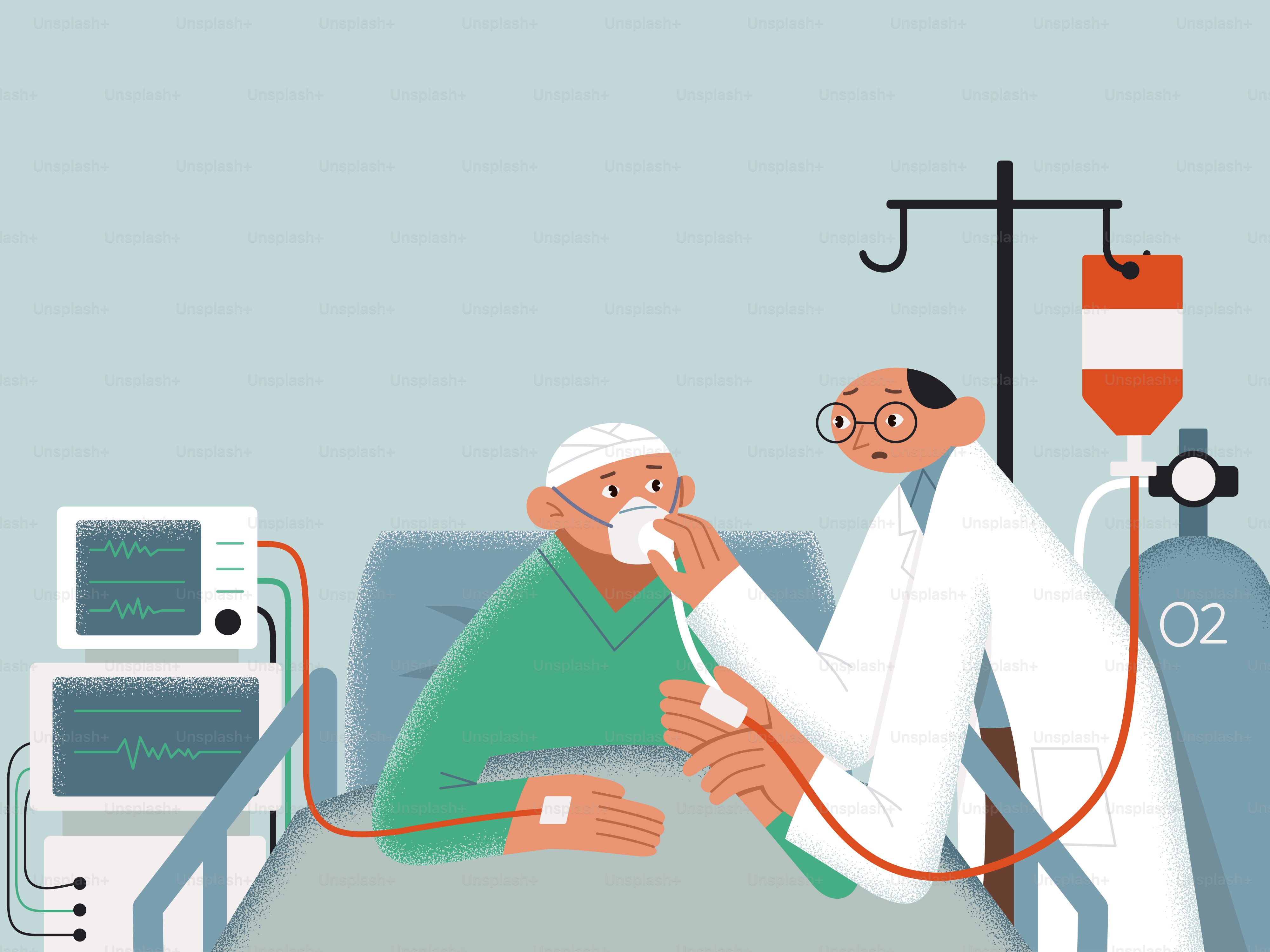 O médico auxilia o paciente com a máscara de oxigênio e equipamentos médicos.