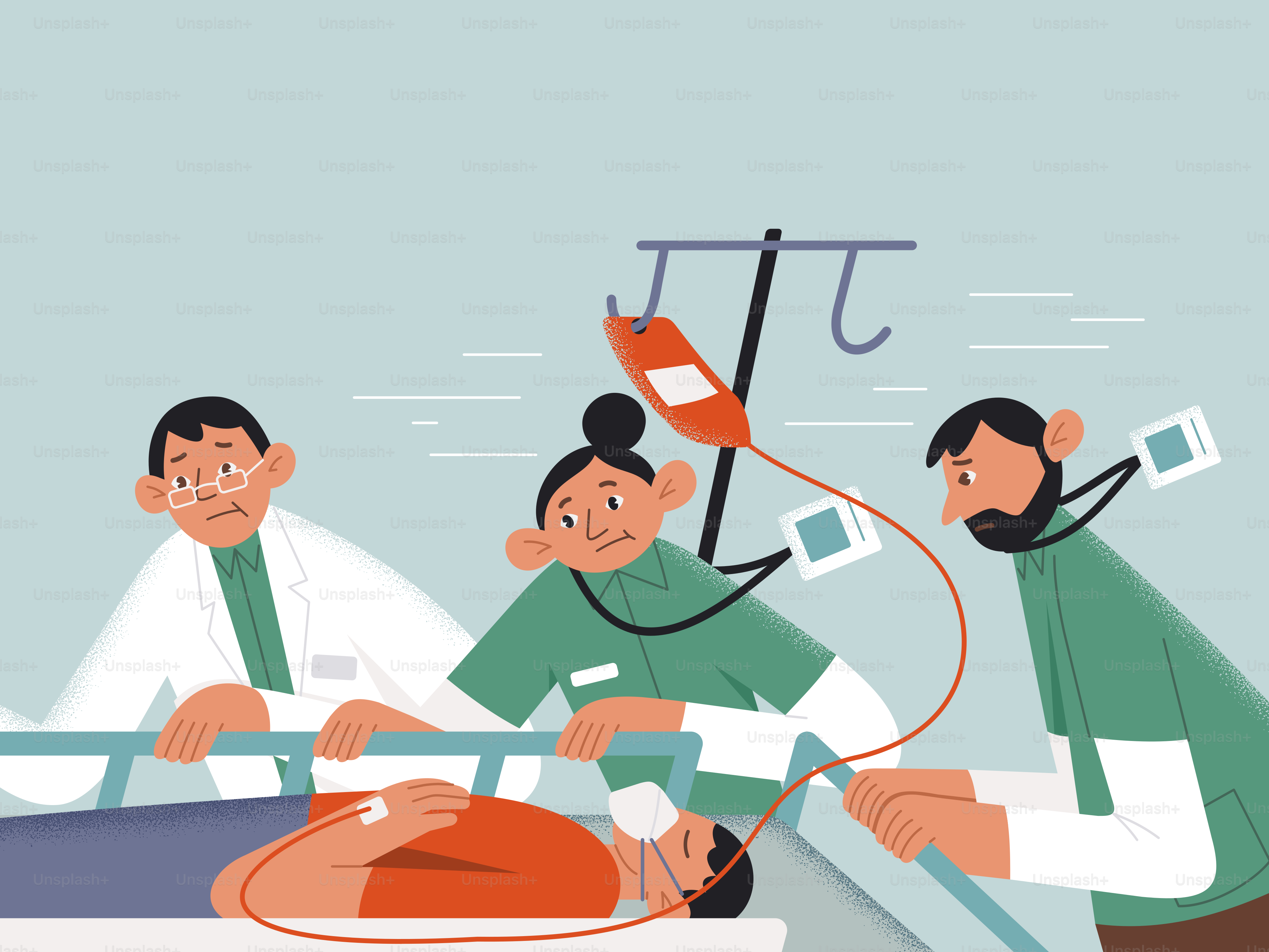 Equipe médica atendendo um paciente com soro.