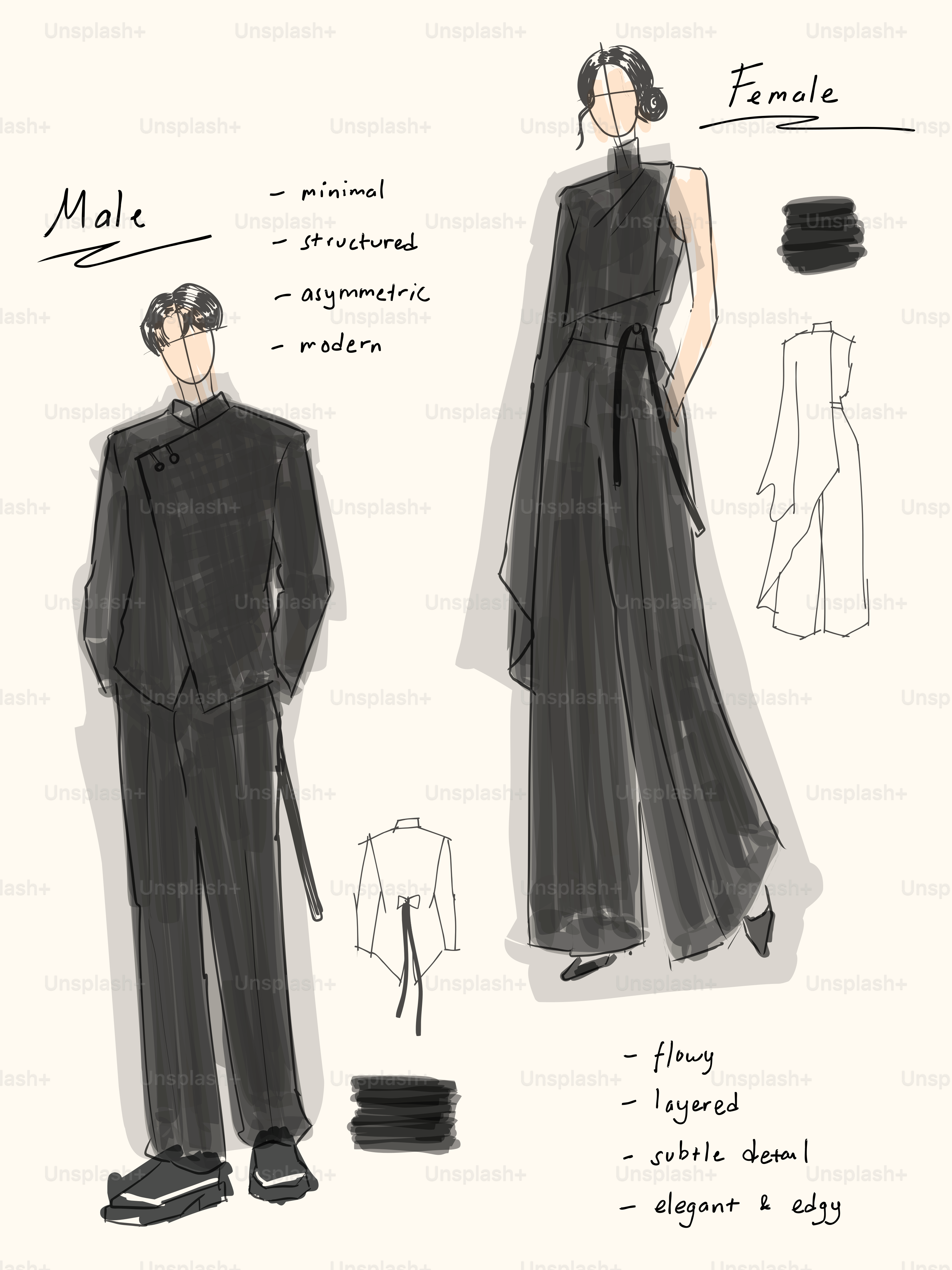 Schizzi di moda di maschi e donne in abiti neri moderni.