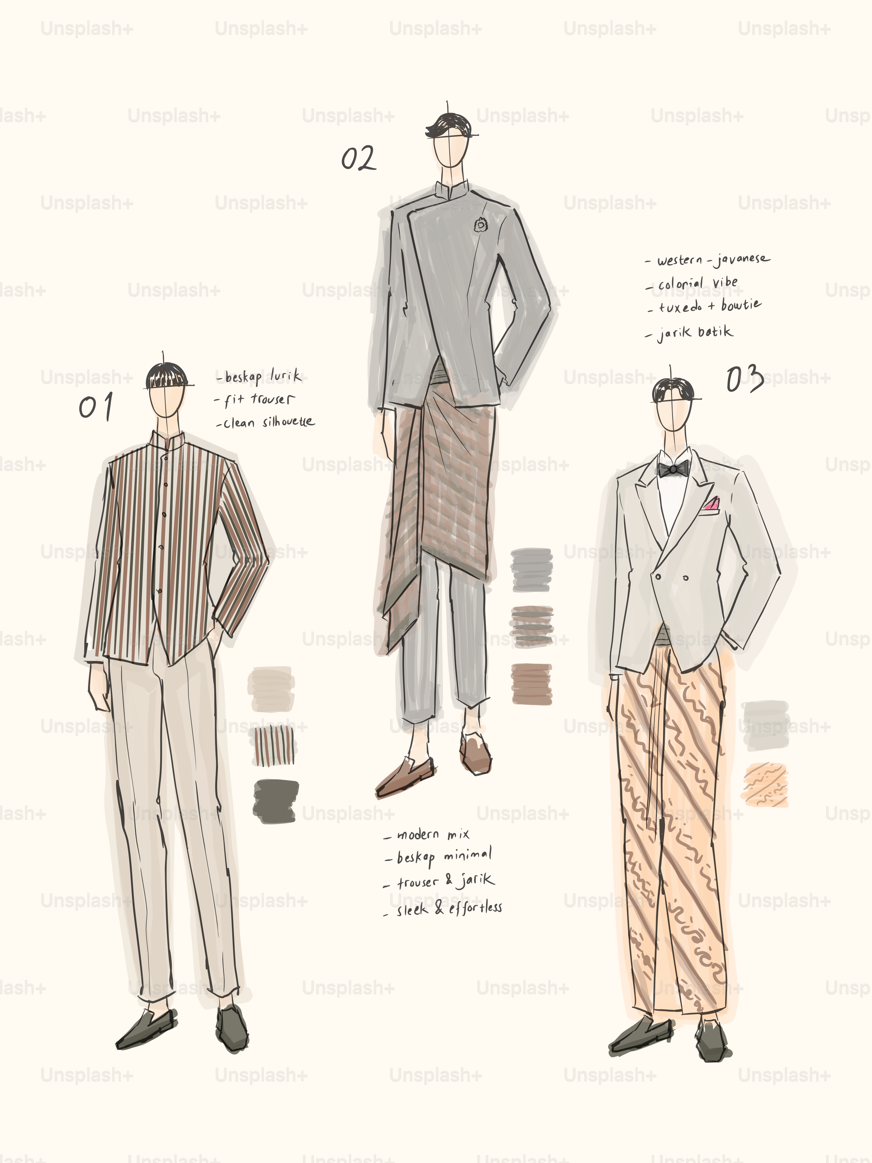 Drei Modeillustrationen von Männern in traditioneller Festkleidung.