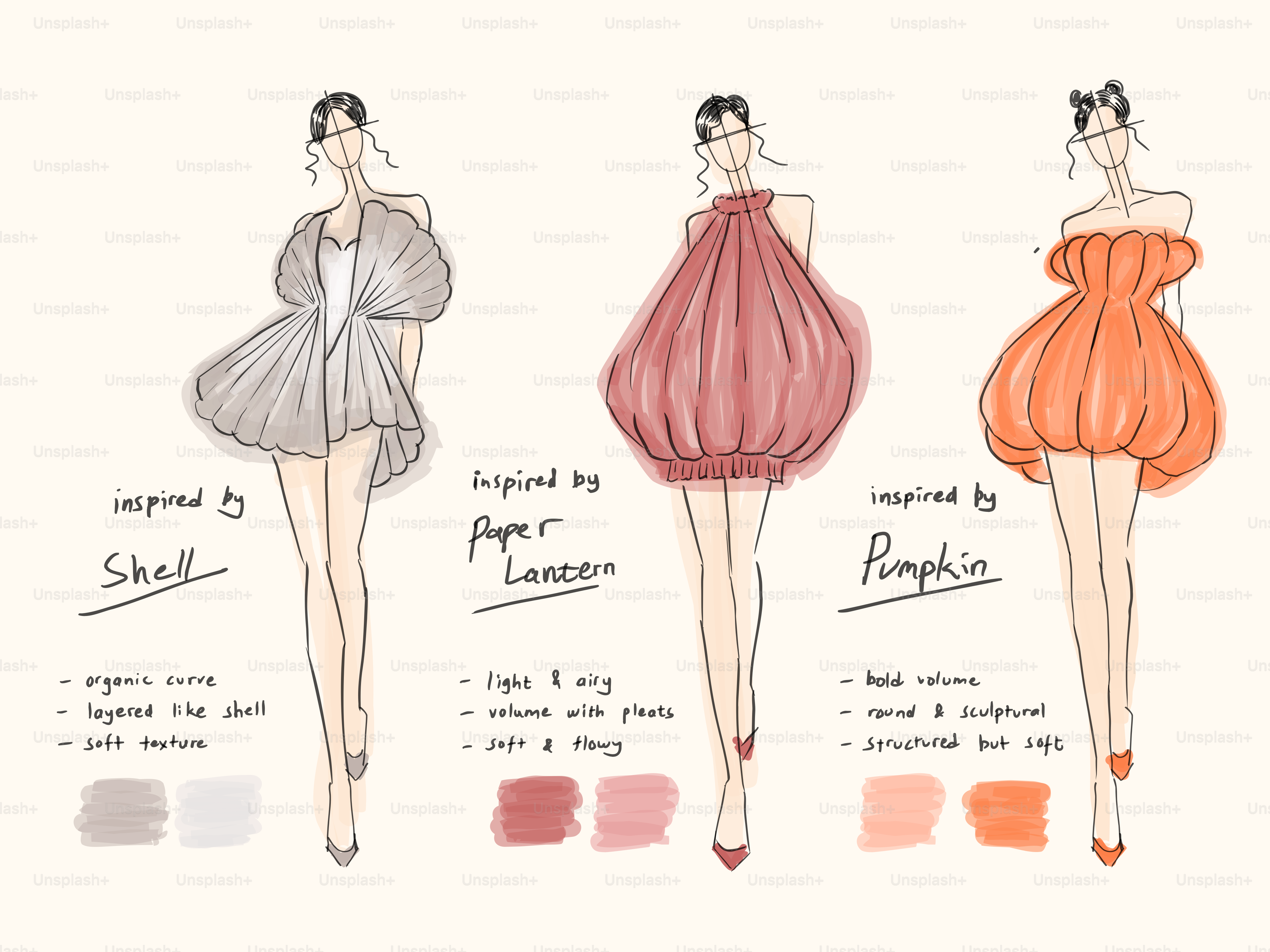 Fashion design sketches inspired by shell, paper lantern, and pumpkin.