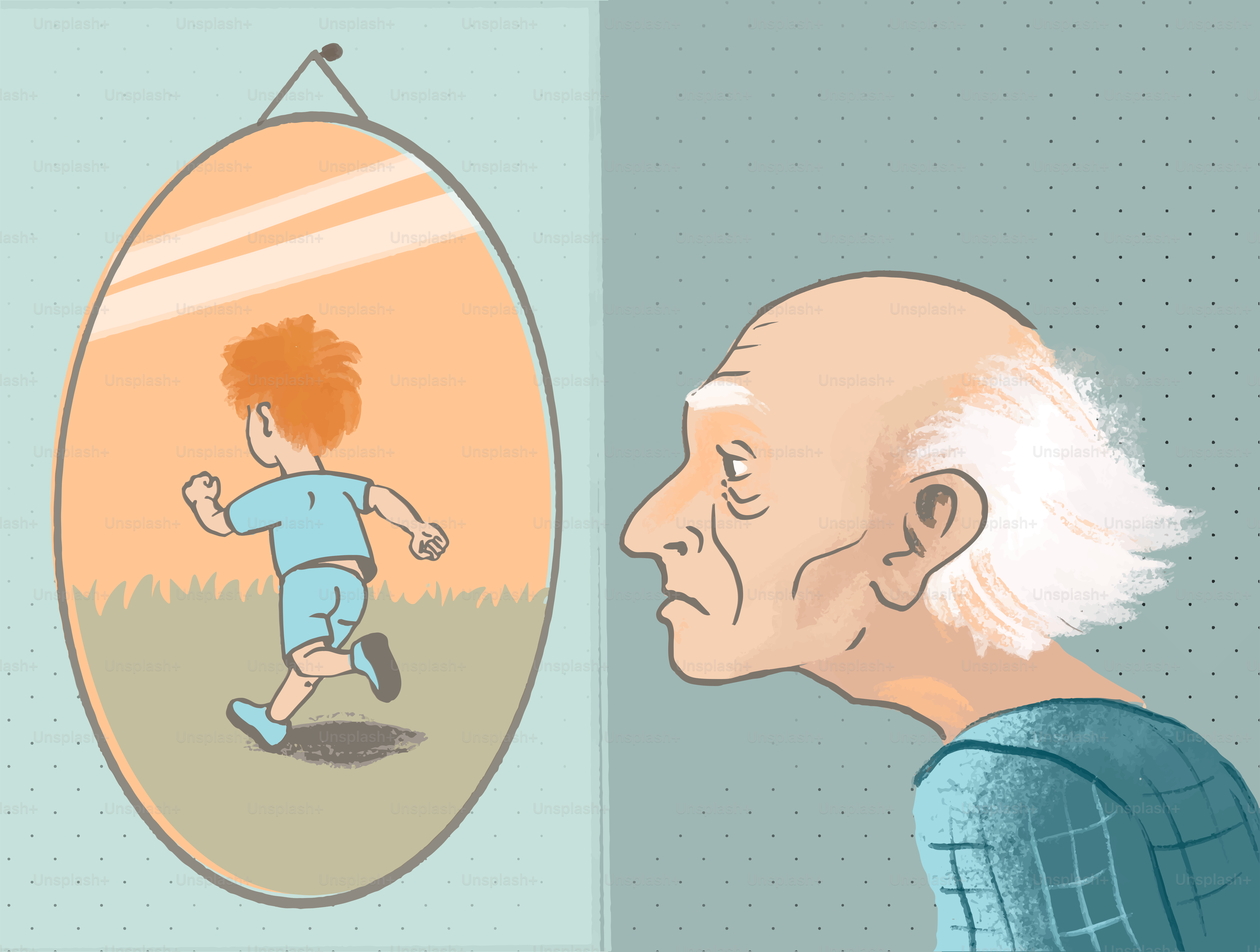 老人は鏡の中の若い自分を見る。