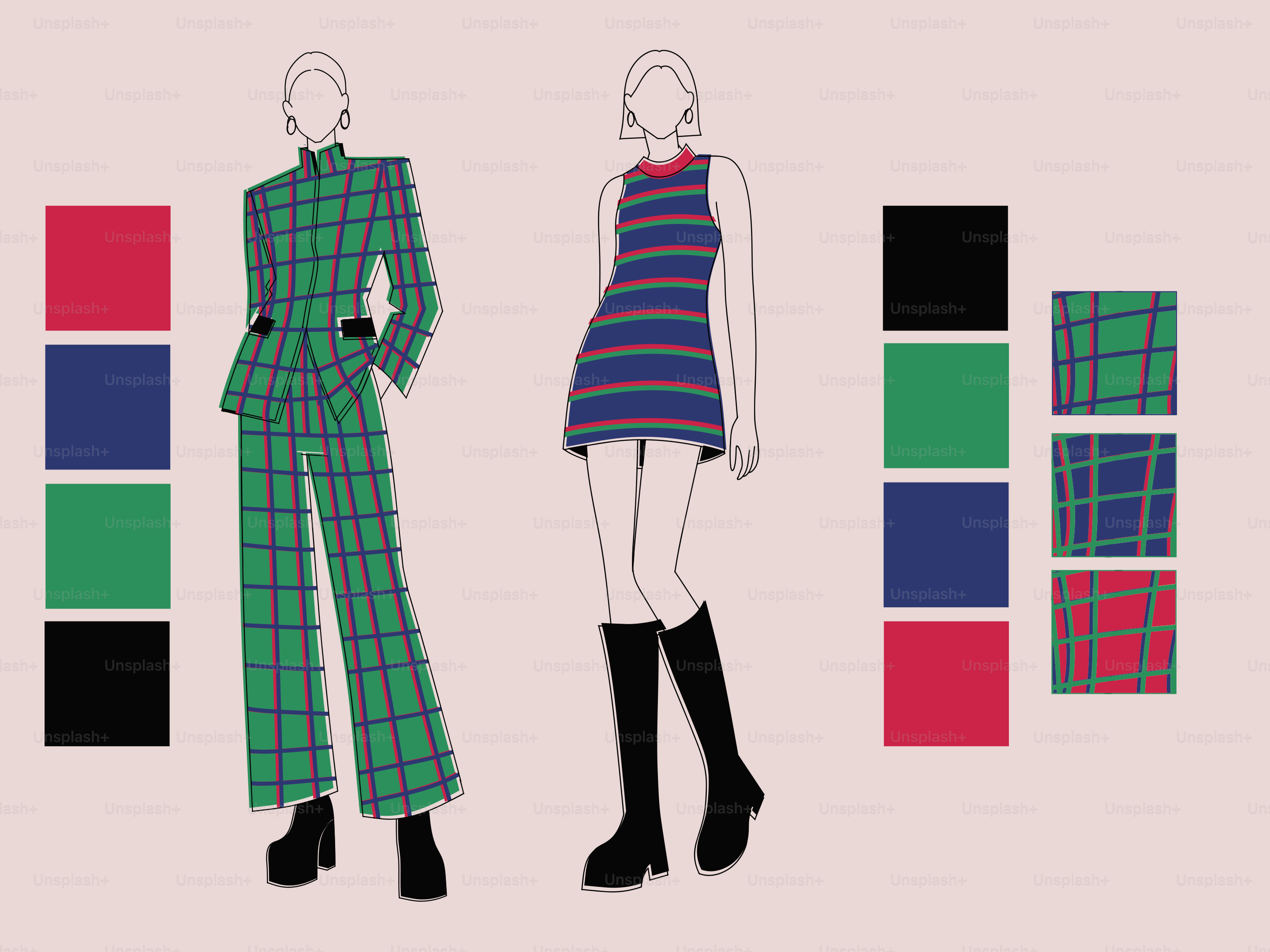 Stylish fashion illustrations featuring a plaid suit and striped dress.