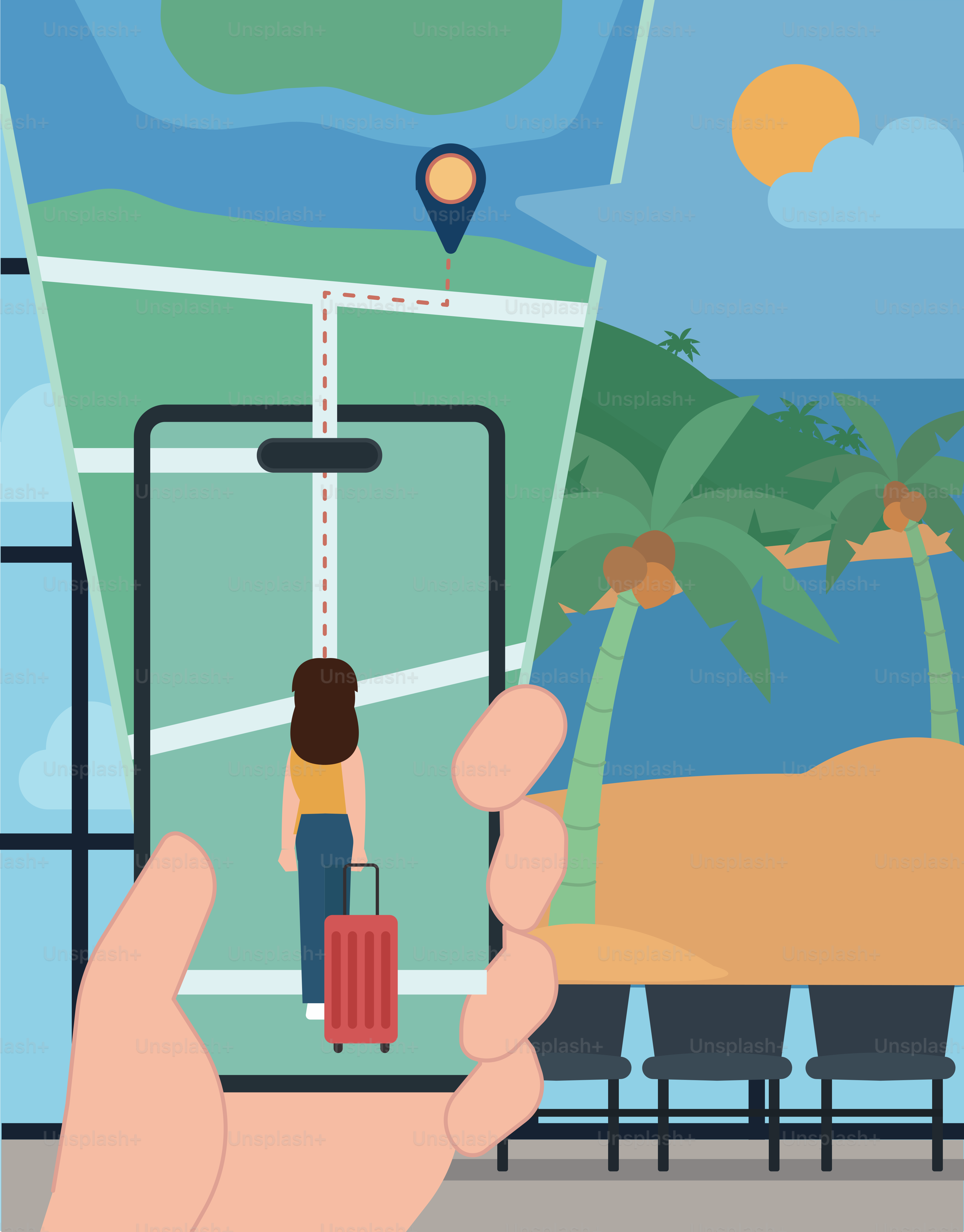 Handgestütztes Handy mit Reisekarte und Strandziel.