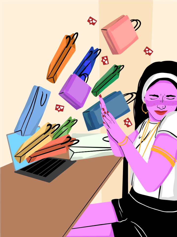 Excited woman online shopping with colorful bags emerging from laptop.