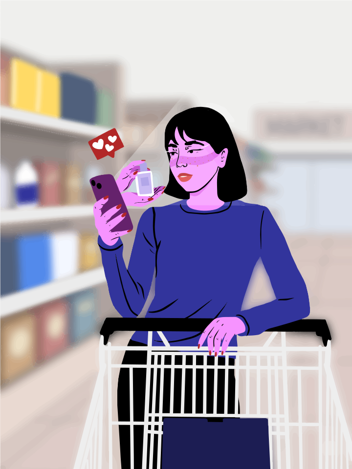 Woman comparing product with phone while shopping in a store.
