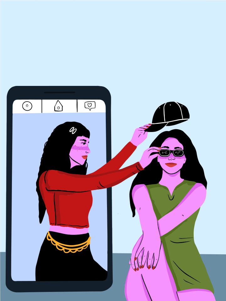 An illustrated woman styling another woman from a smartphone.