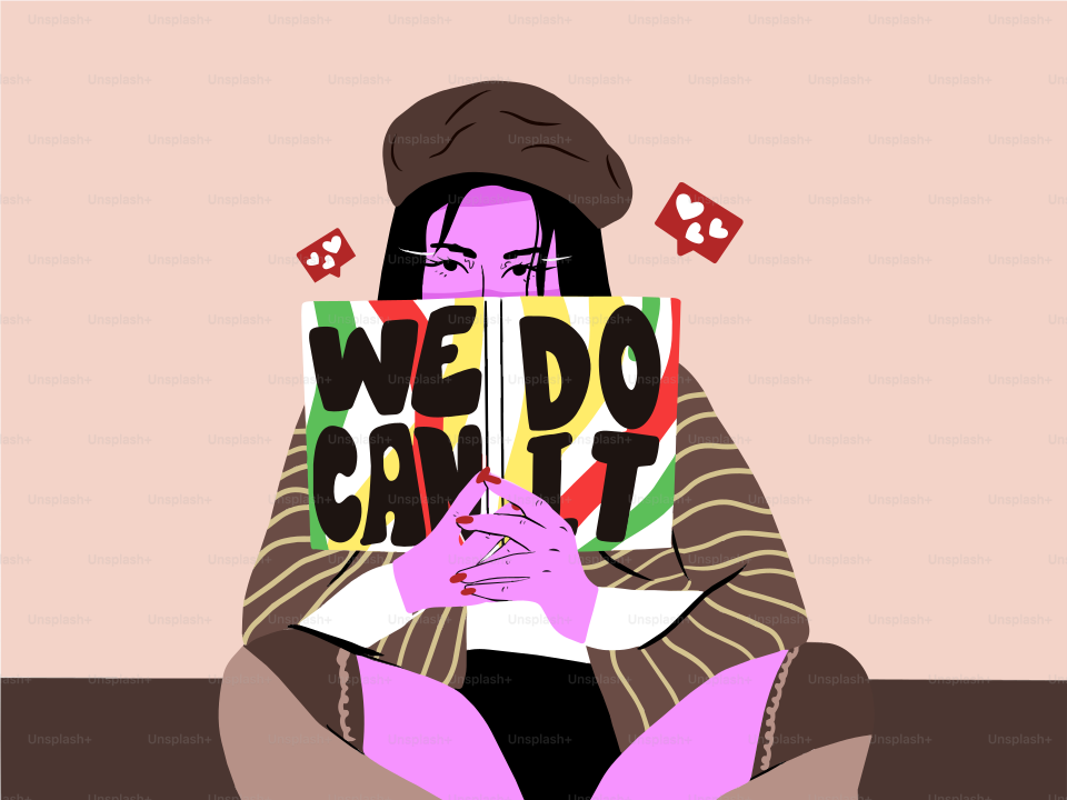 Stylized person in beret holding "we do can it" book.