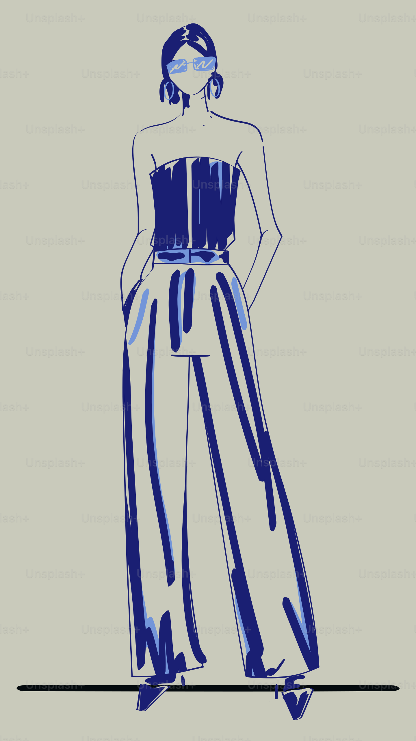 Fashion illustration: woman in blue strapless top, wide-leg pants, sunglasses.
