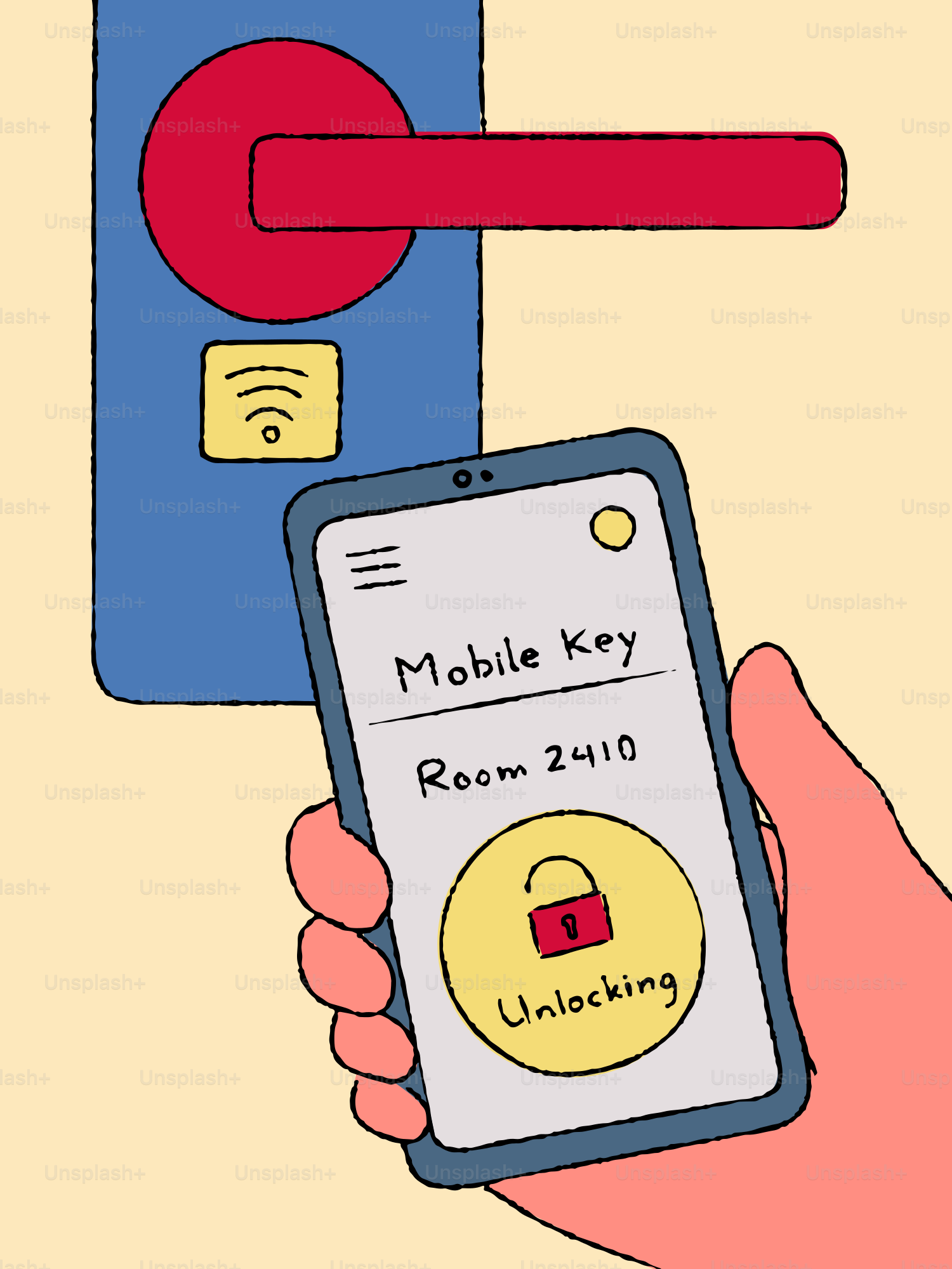 Aplikasi kunci seluler smartphone membuka kunci pintu kamar hotel digital.