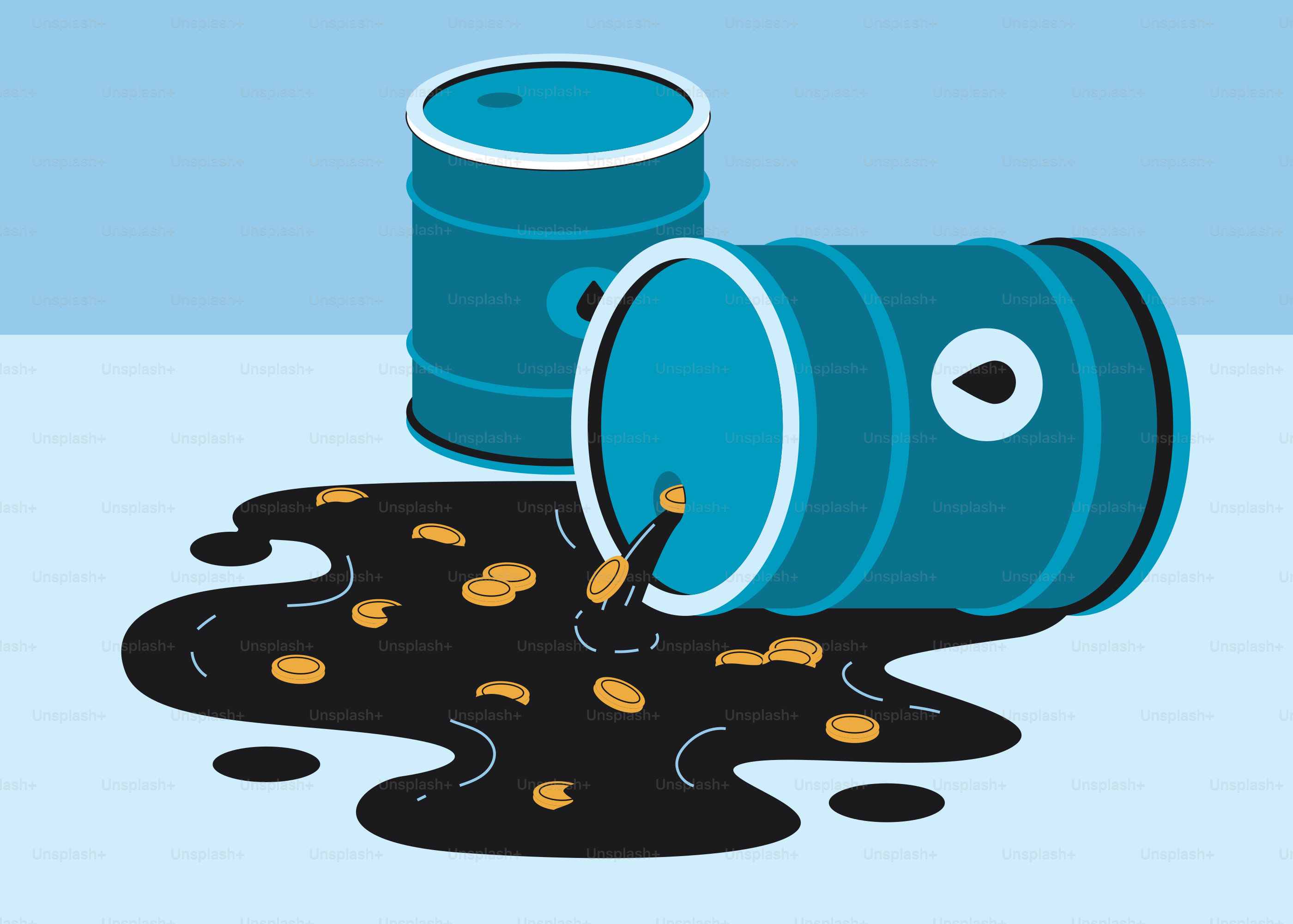 Two blue barrels, one spilling oil and gold coins.