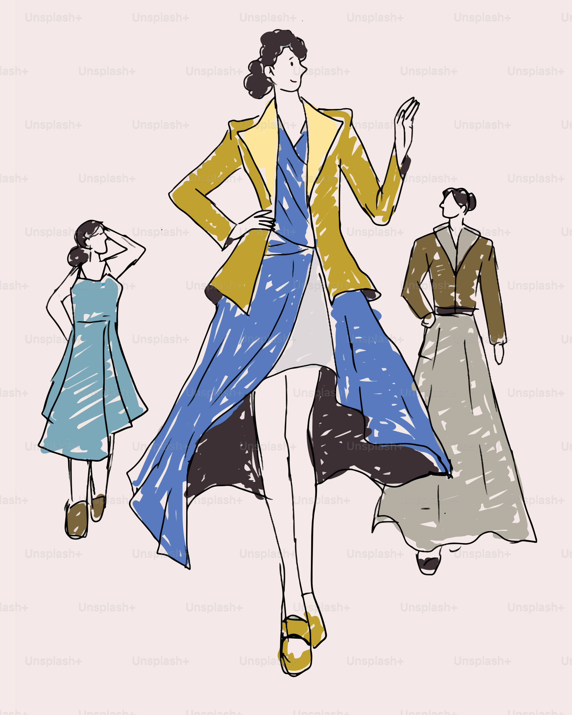 流行の服装をした3人の女性の手描きスケッチ。
