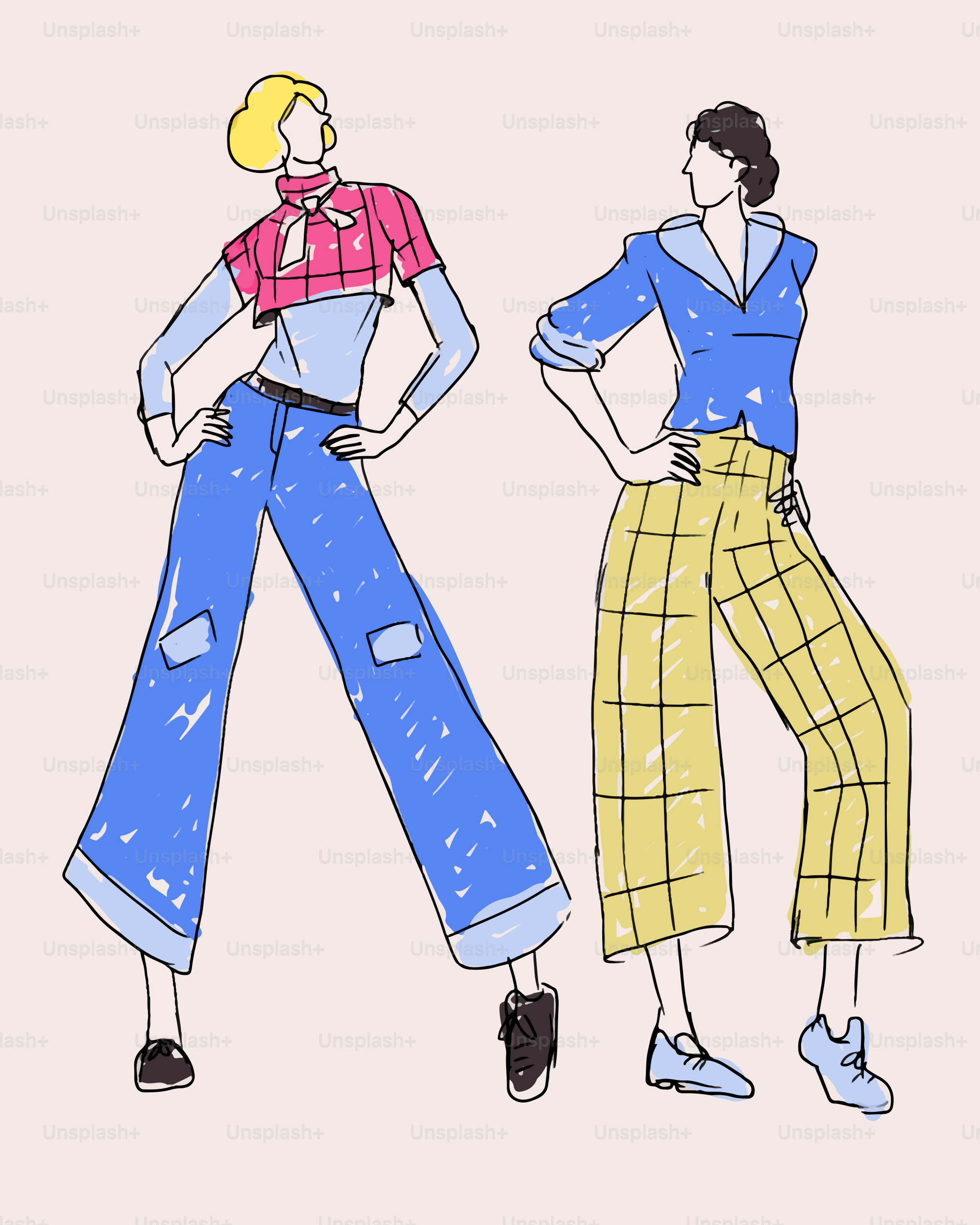 Two stylized fashion figures in colorful, modern outfits.