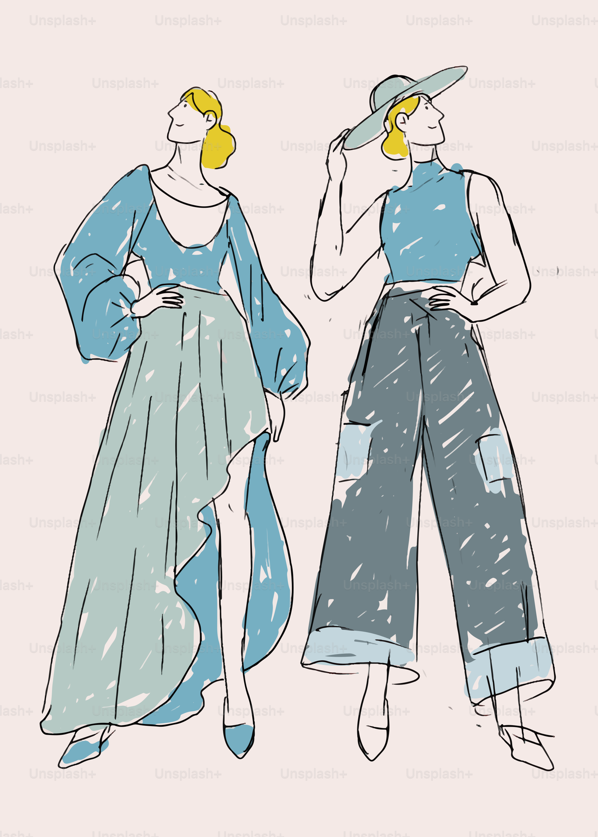 Two stylized women posing in fashionable blue and green outfits.