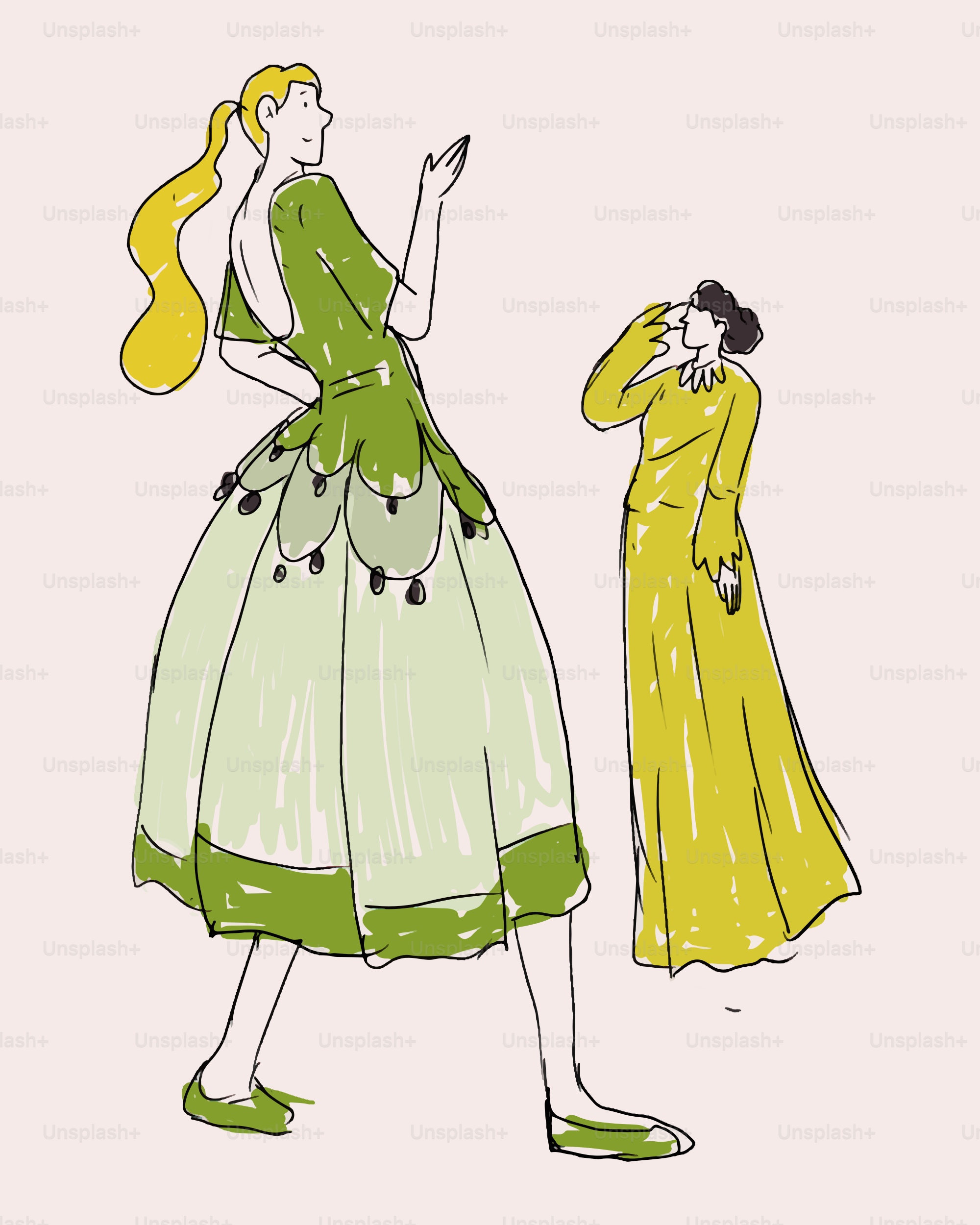 緑と黄色のドレスを着た二人のスタイライズされた女性たち。