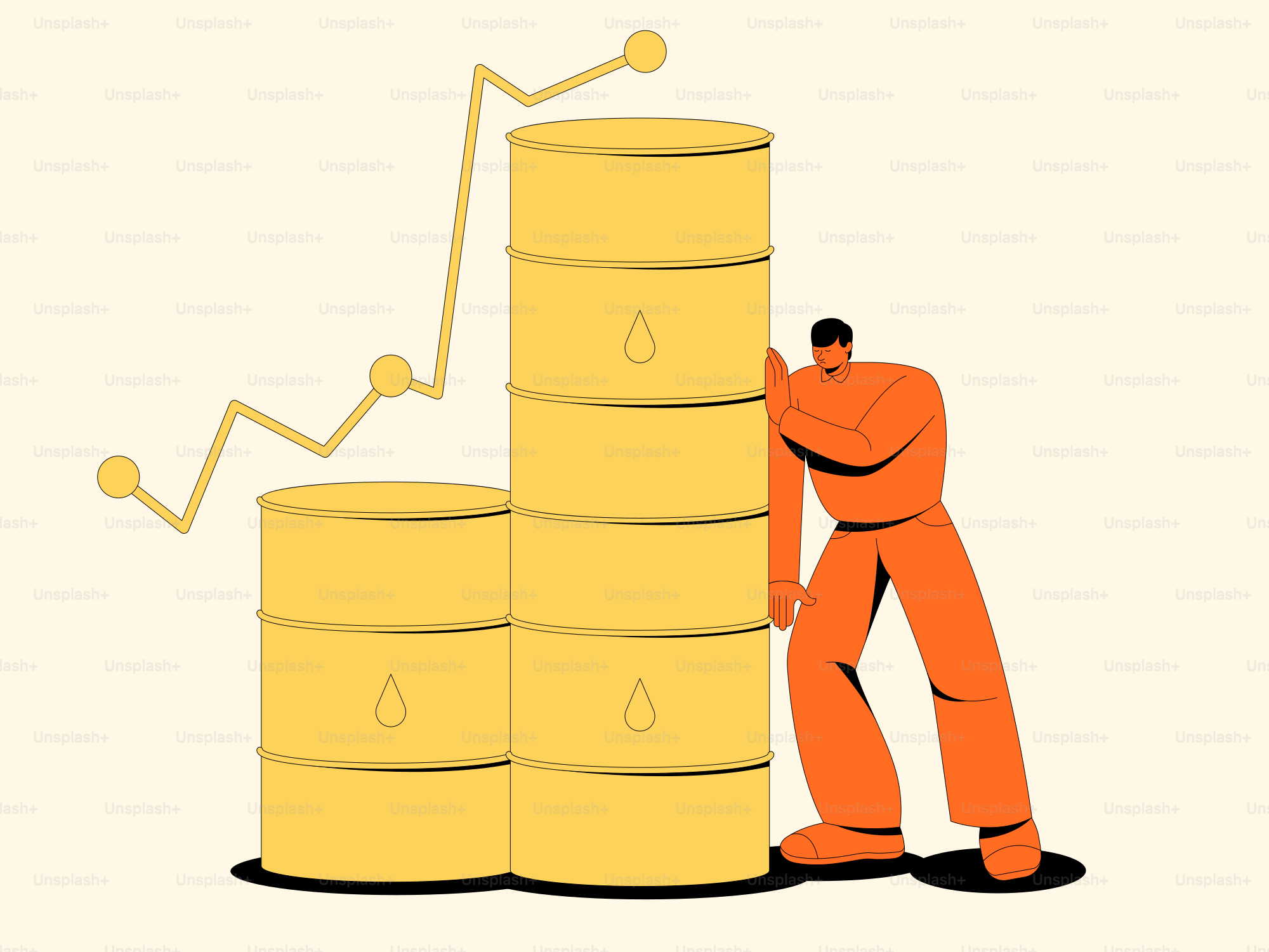 Person pushing stacked oil barrels with an upward trend line.
