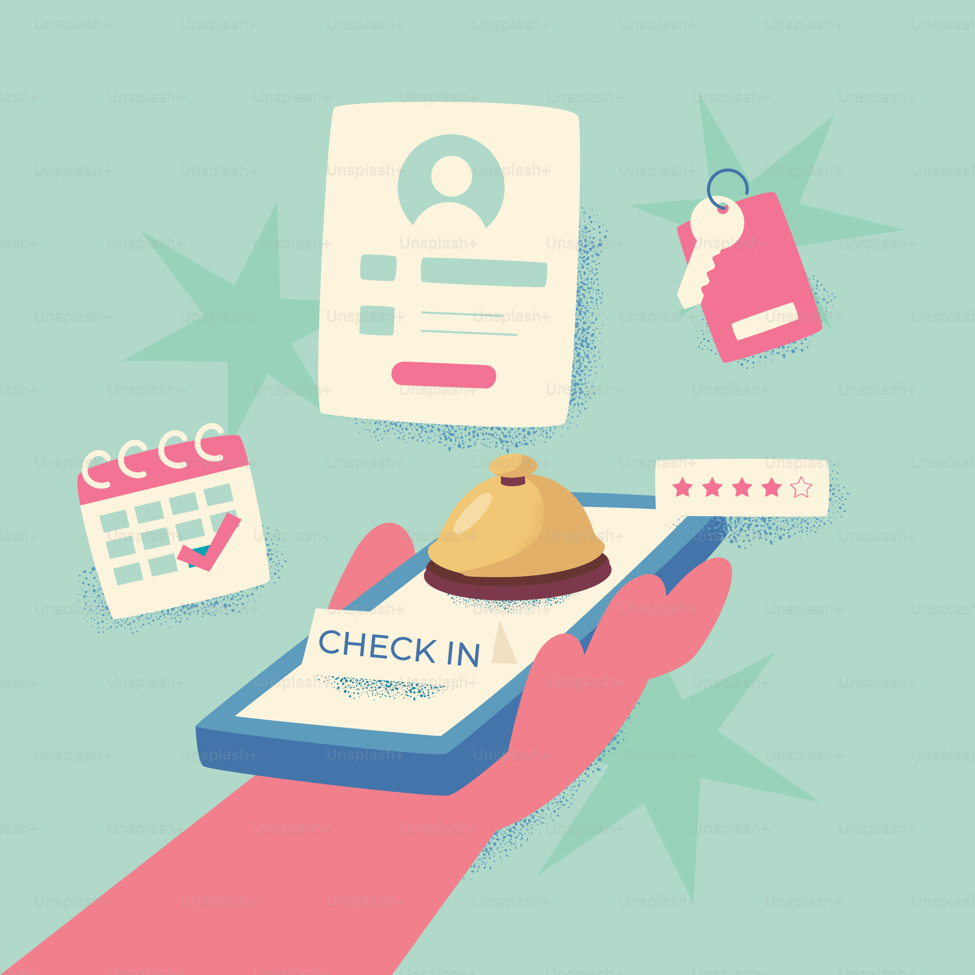 A hand holds a phone with hotel check-in elements.