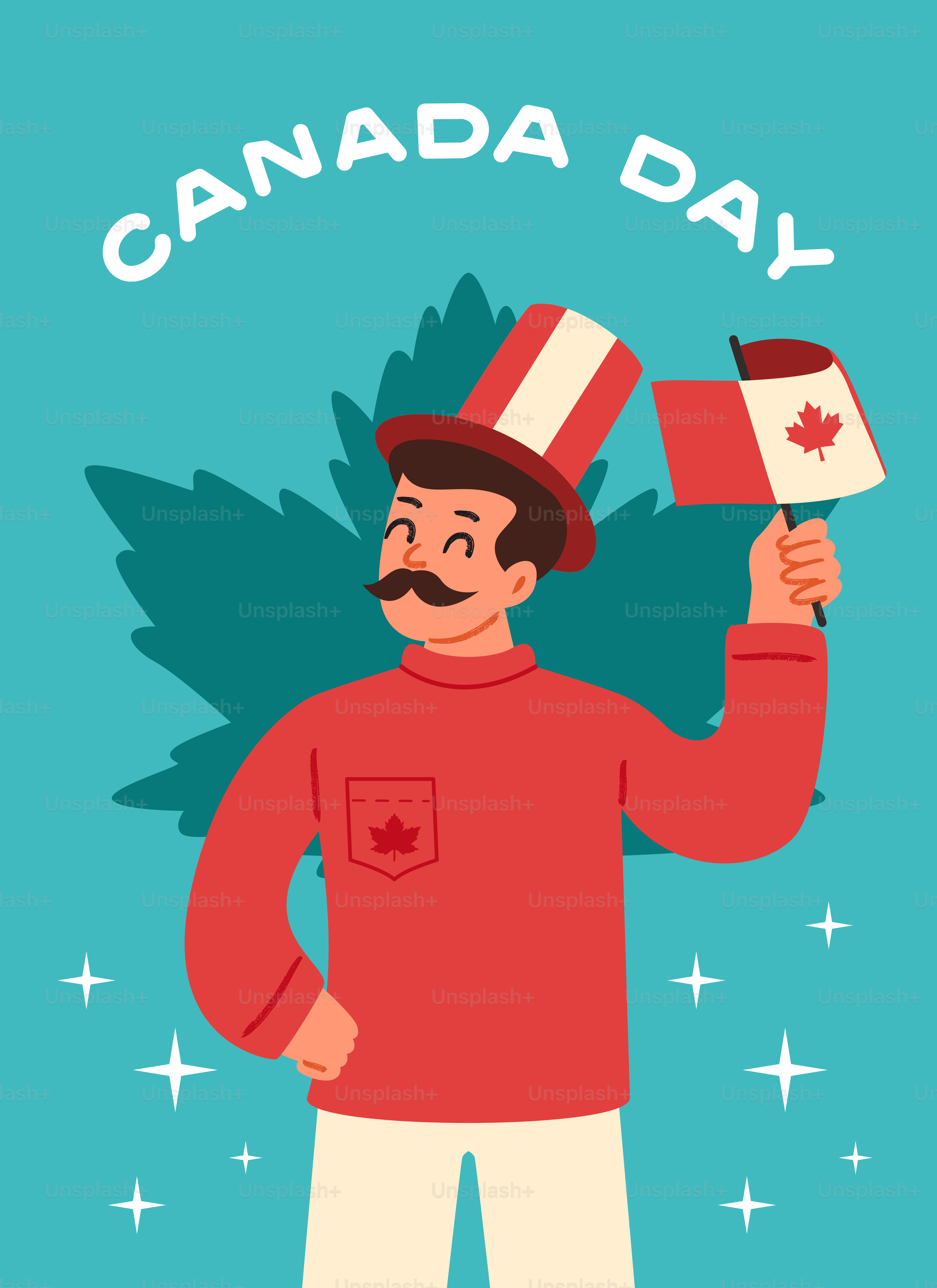 Un homme célébrant la fête du Canada avec un drapeau et un haut-de-forme.