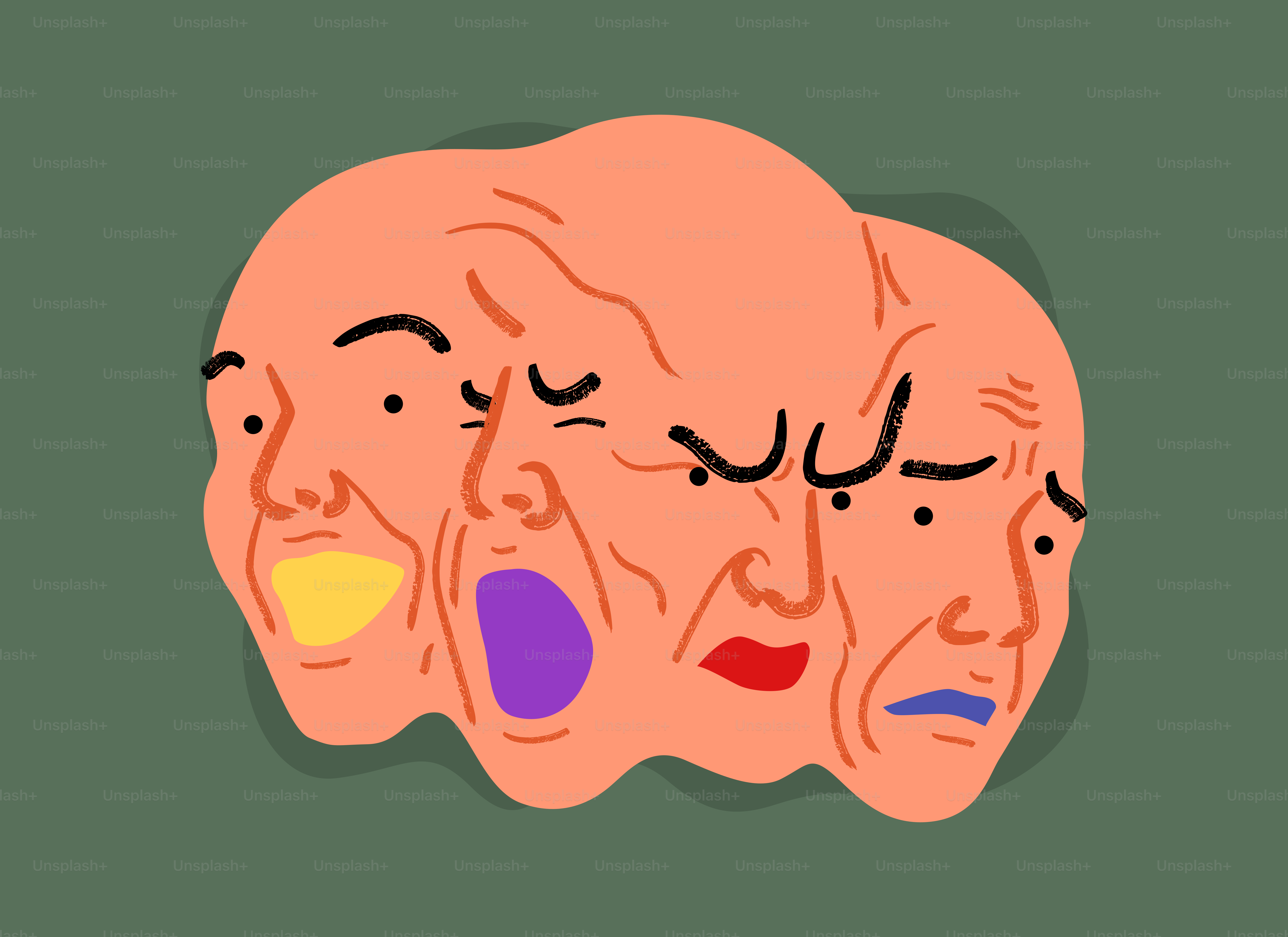 Volti astratti che si fondono, mostrando varie emozioni.