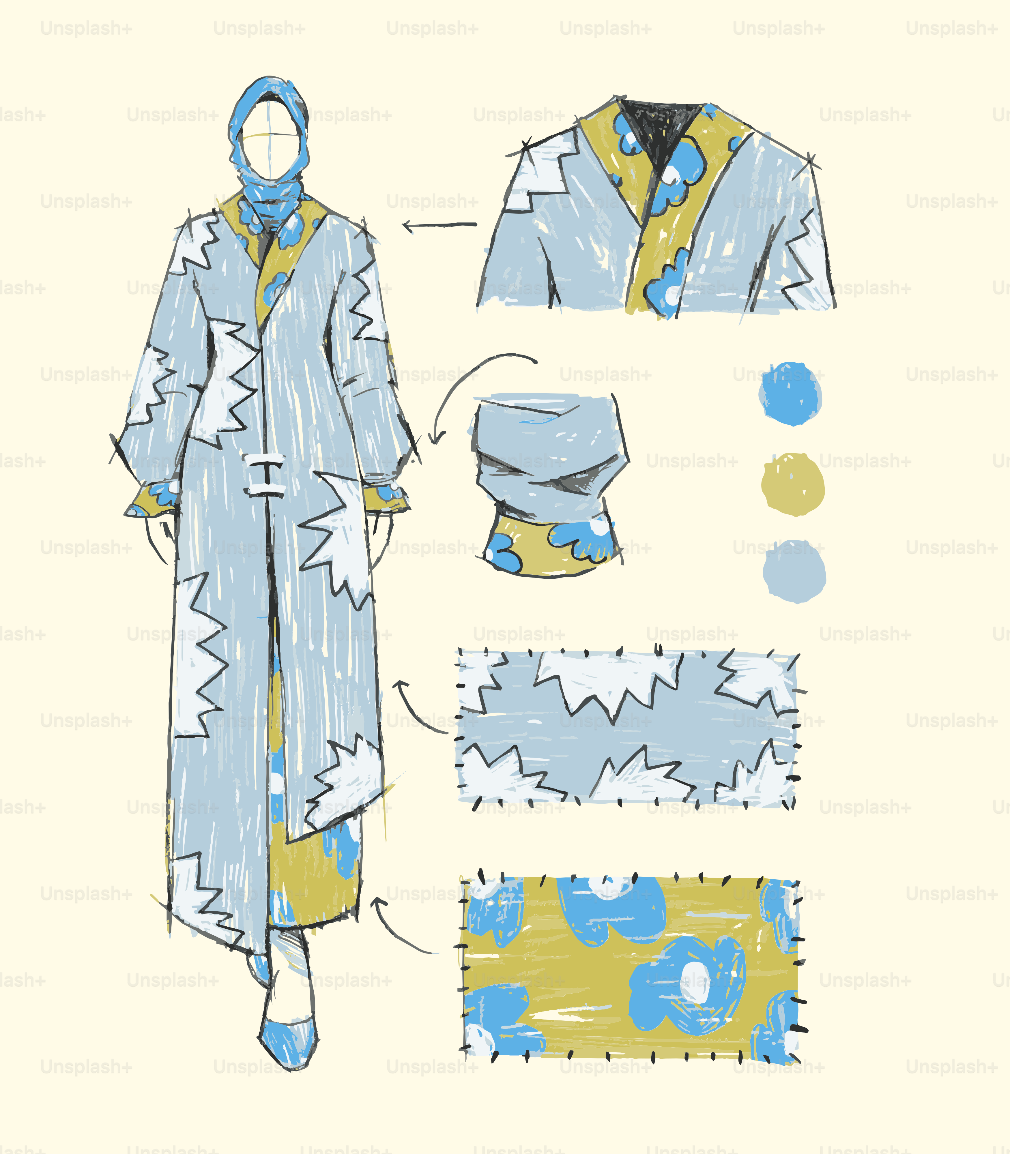 Fashion design sketch of a long coat and hijab.