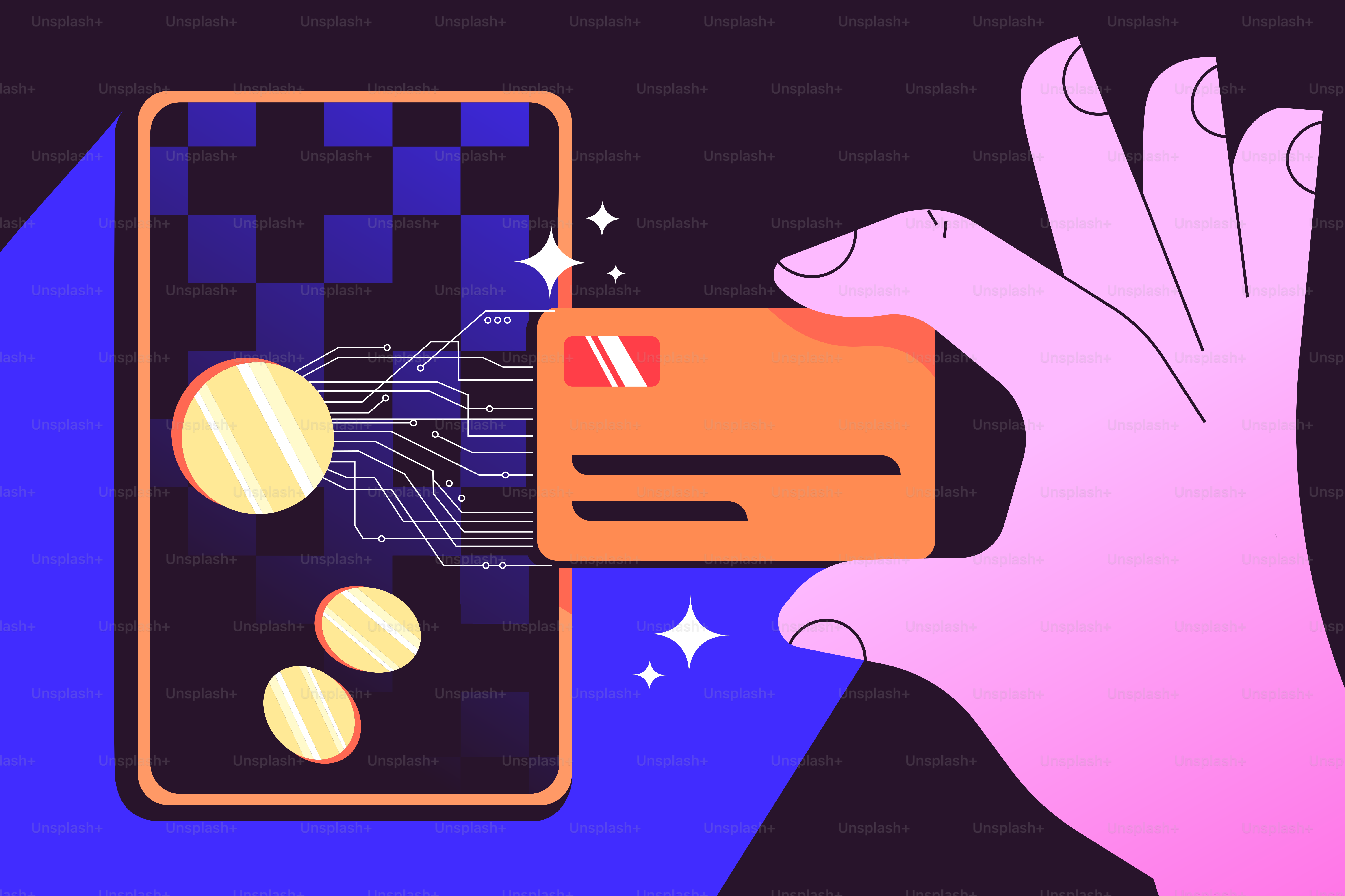 スマートフォンにコインでつながったクレジットカードを手持ちで。
