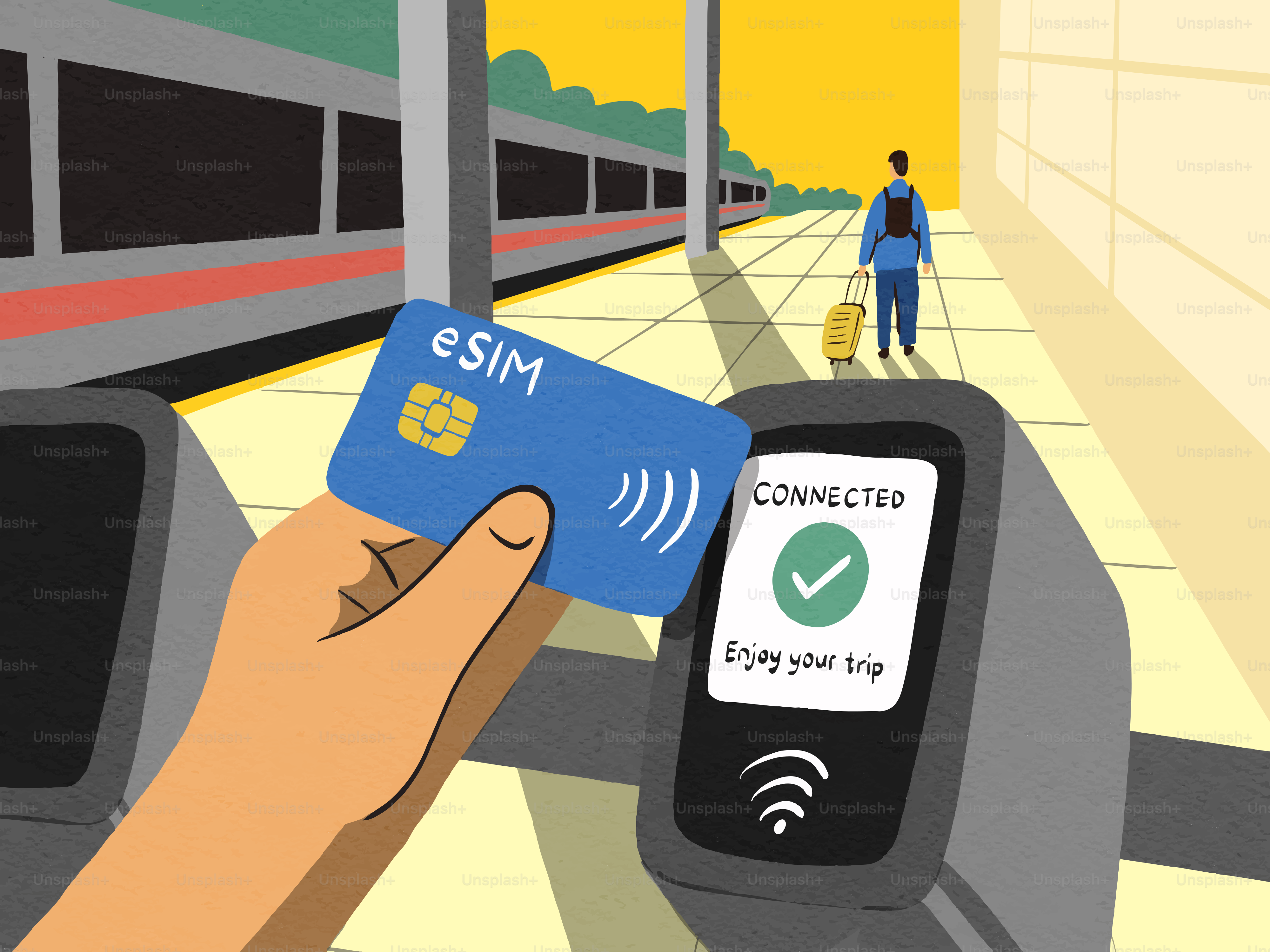 Tapotement manuel de la carte ESIM au terminal connecté de la gare.