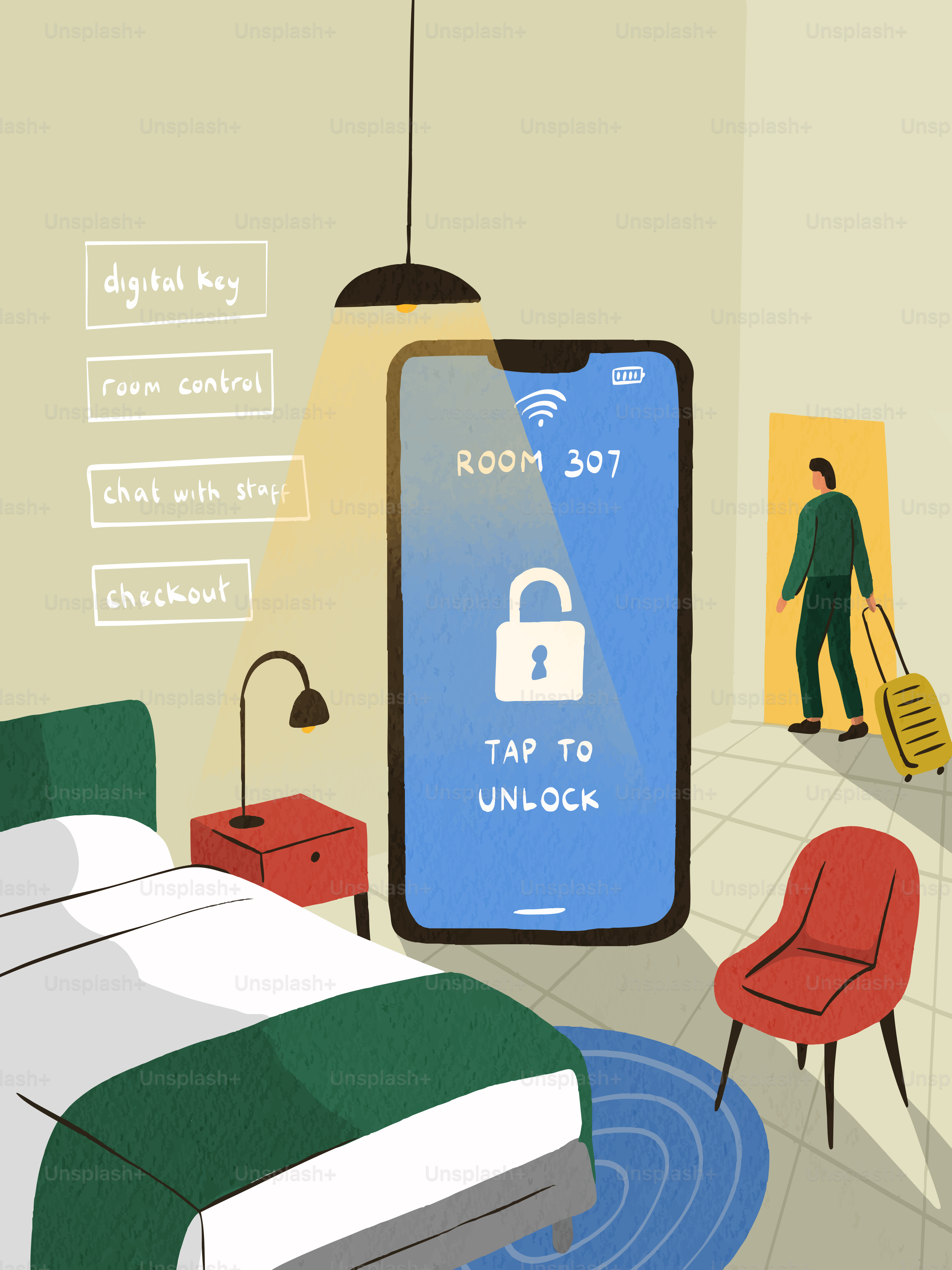 Chiave digitale che sblocca una stanza d'albergo tramite smartphone.