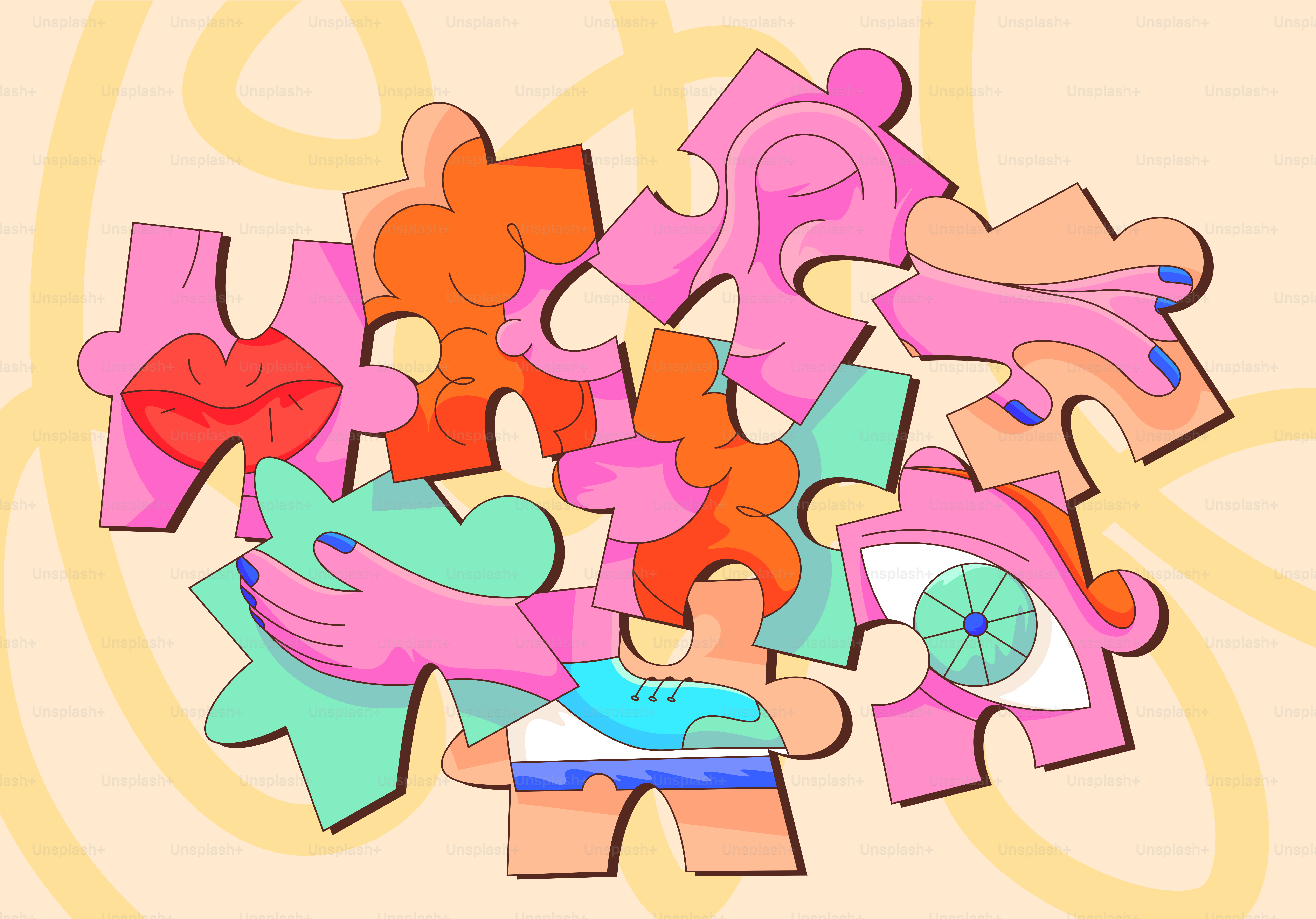 カラフルなパズルピースが様々な人体の部位を描いています。