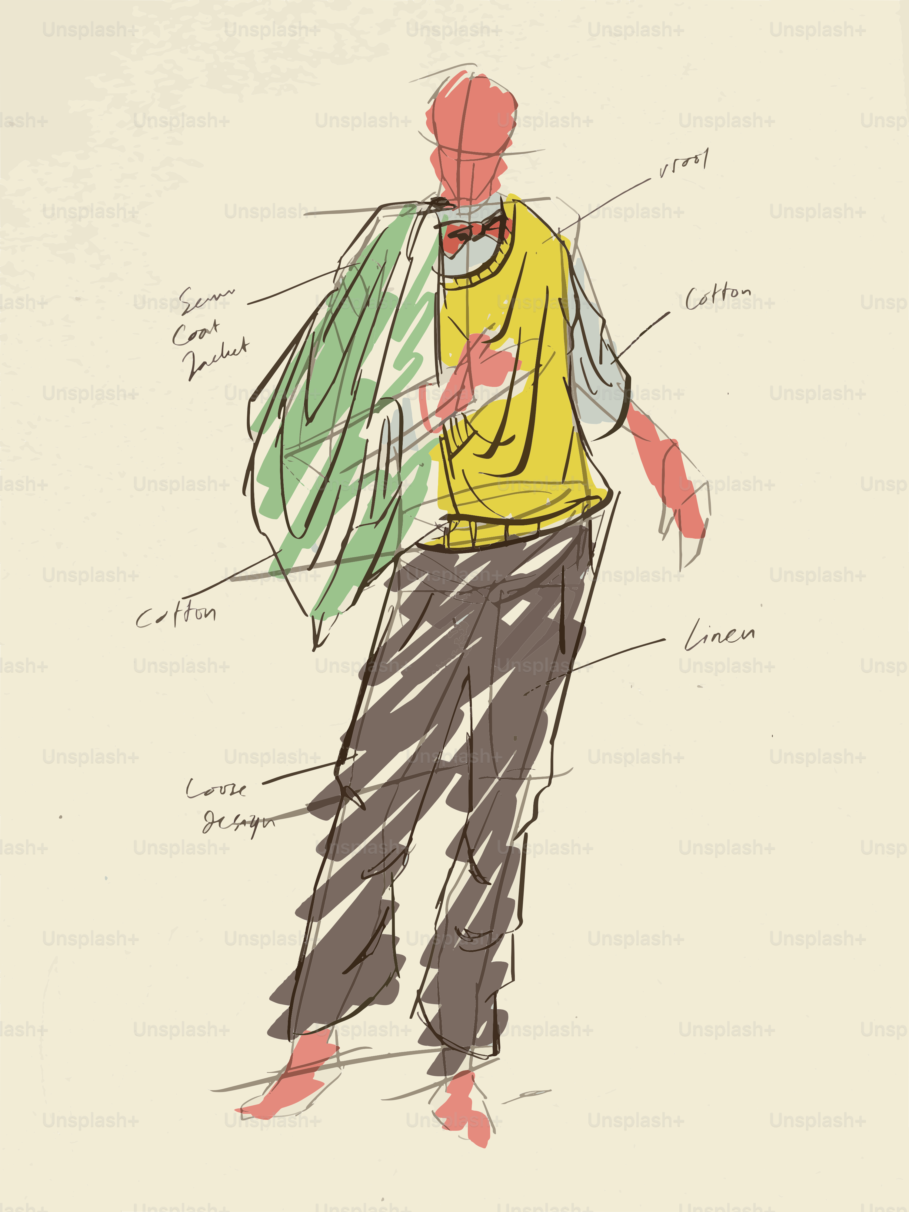 Schizzo di moda con etichette di tessuto sui vestiti.