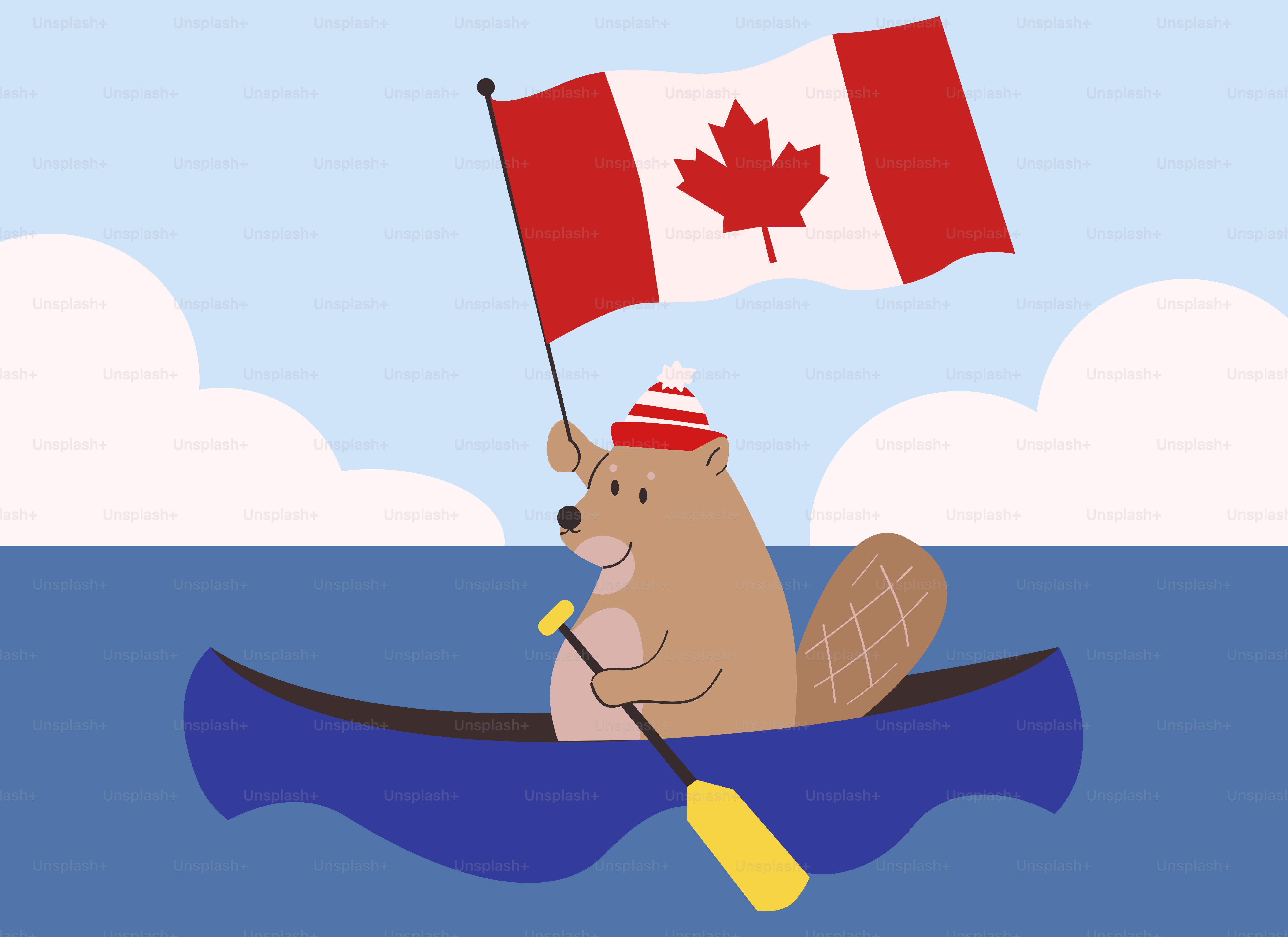 Un castor de dessin animé dans un canoë tenant un drapeau canadien.