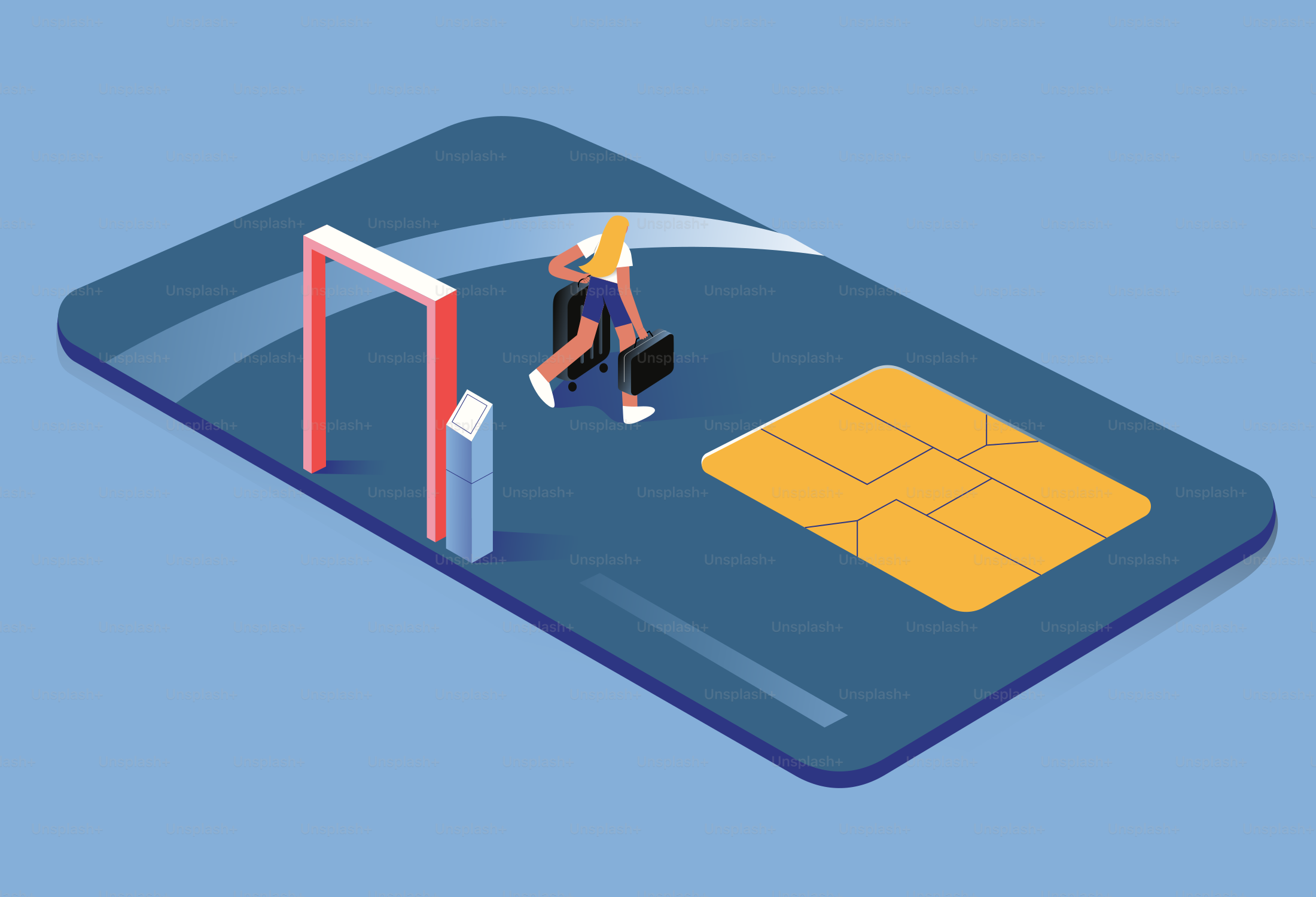 Une personne marchant avec une carte de crédit vers une barrière de sécurité.