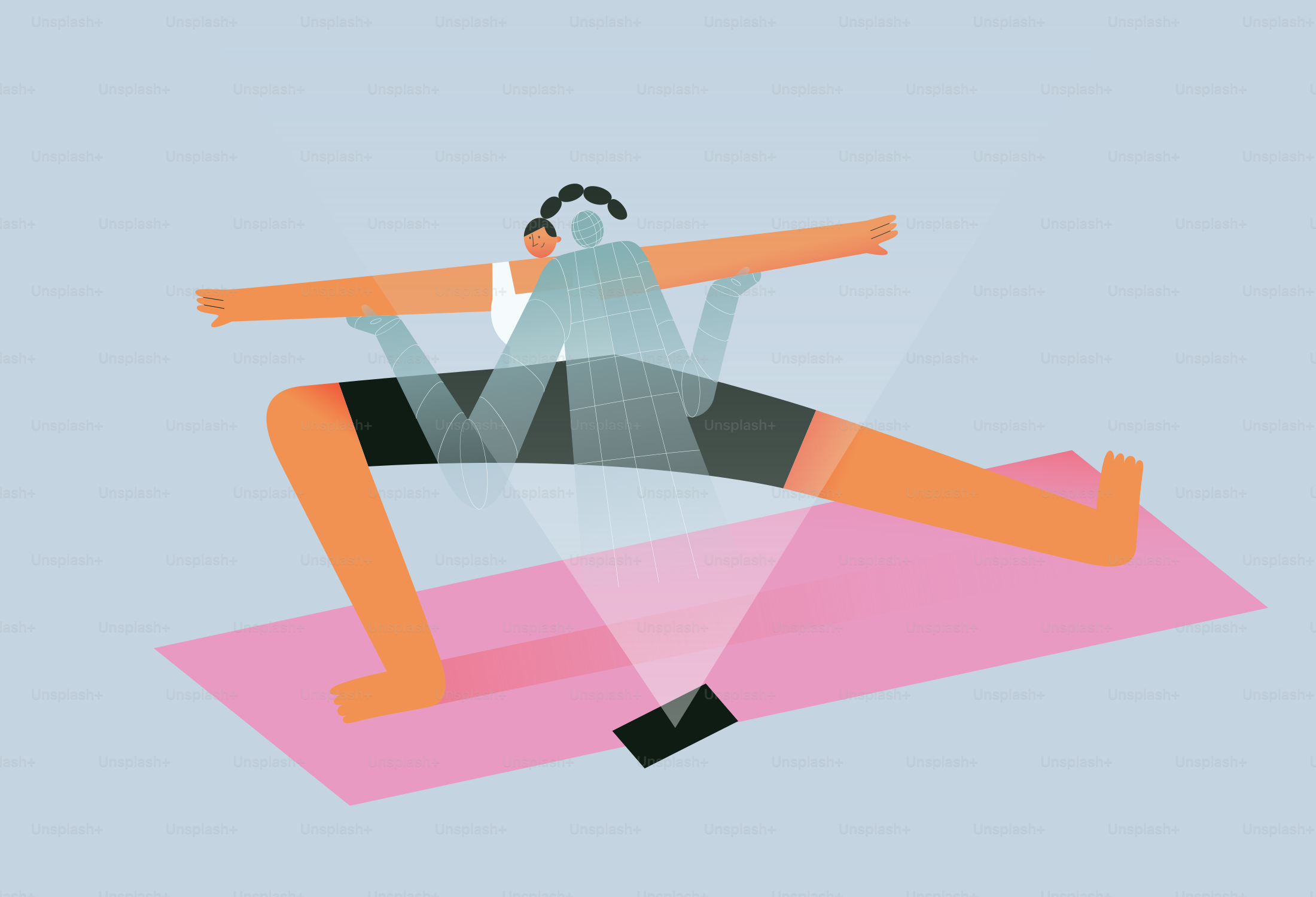 Orang bergaya melakukan yoga dengan proyeksi ponsel.