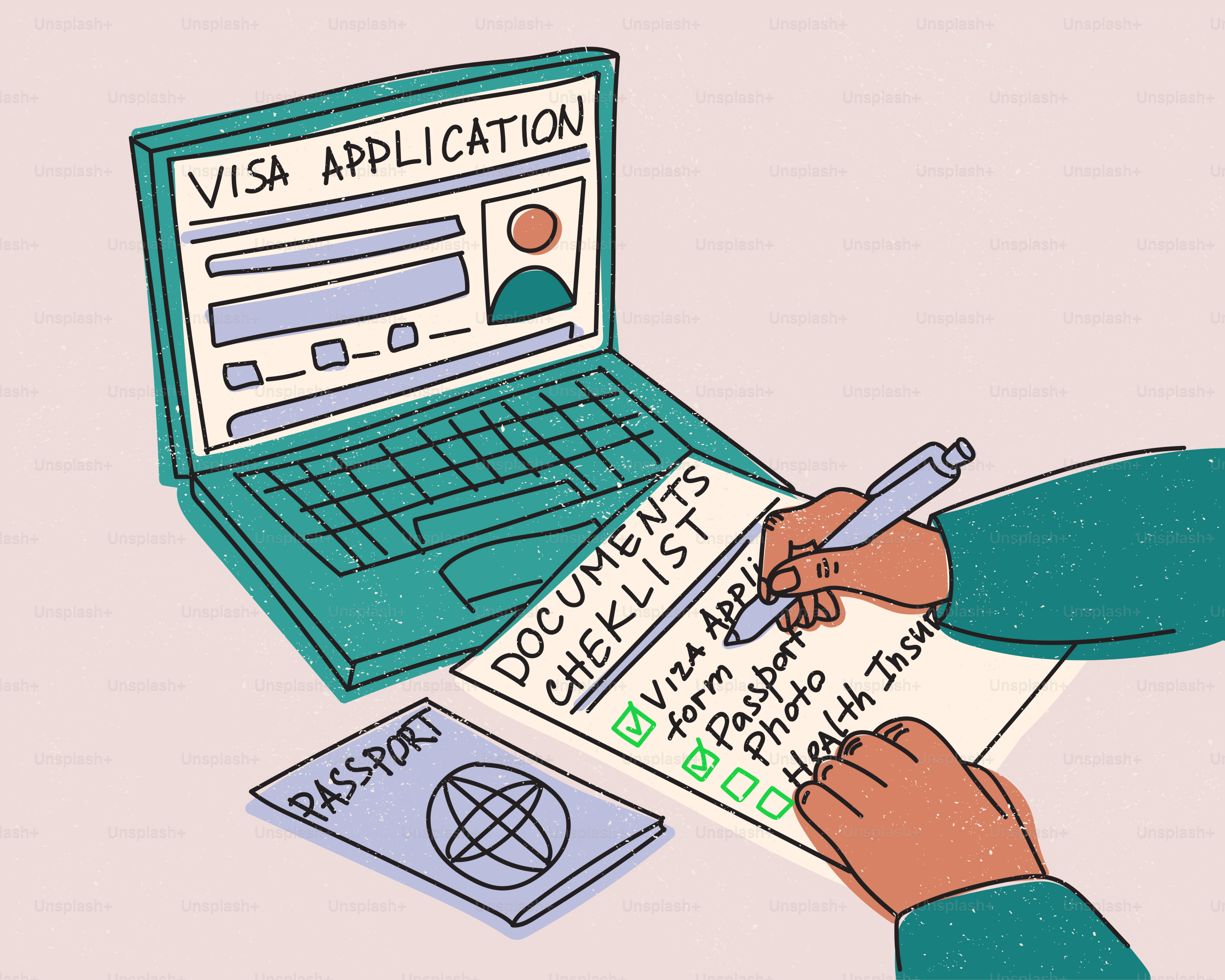 Solicitud de visado online con lista de documentos y pasaporte.