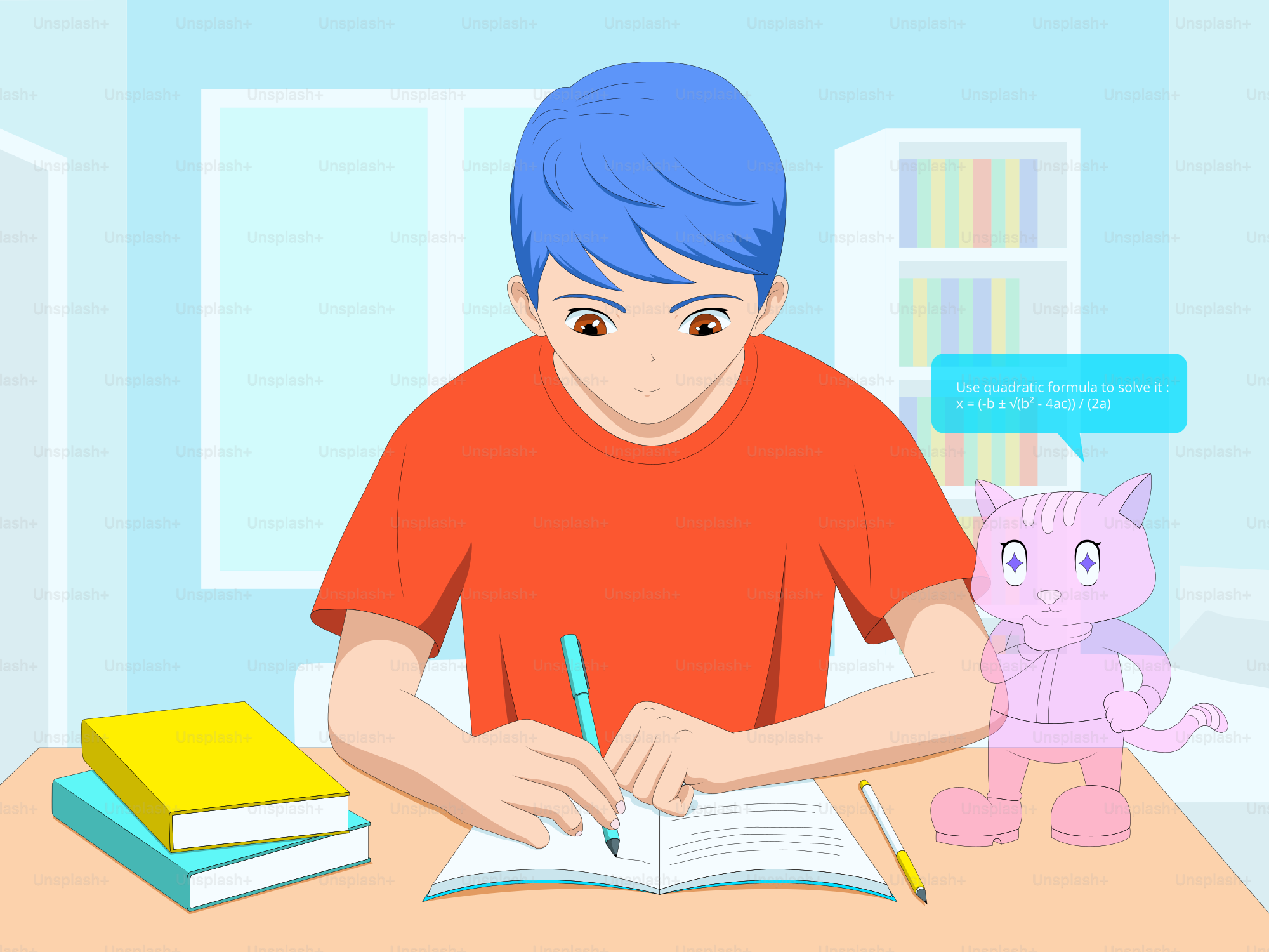 Anak laki-laki kartun dengan rambut biru menulis di meja.