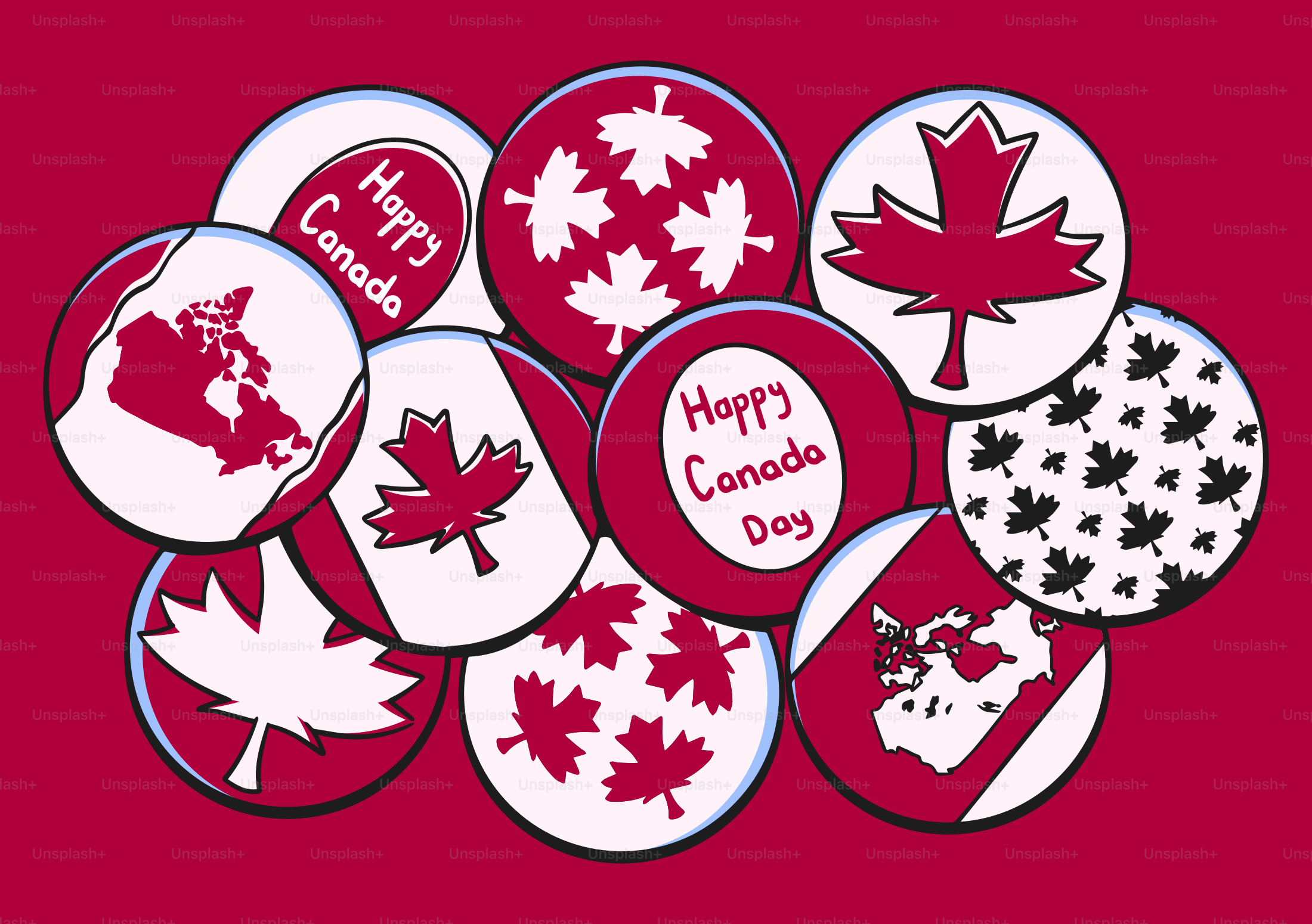 Collection de feuilles d’érable canadiennes et d’insignes de carte sur fond rouge.