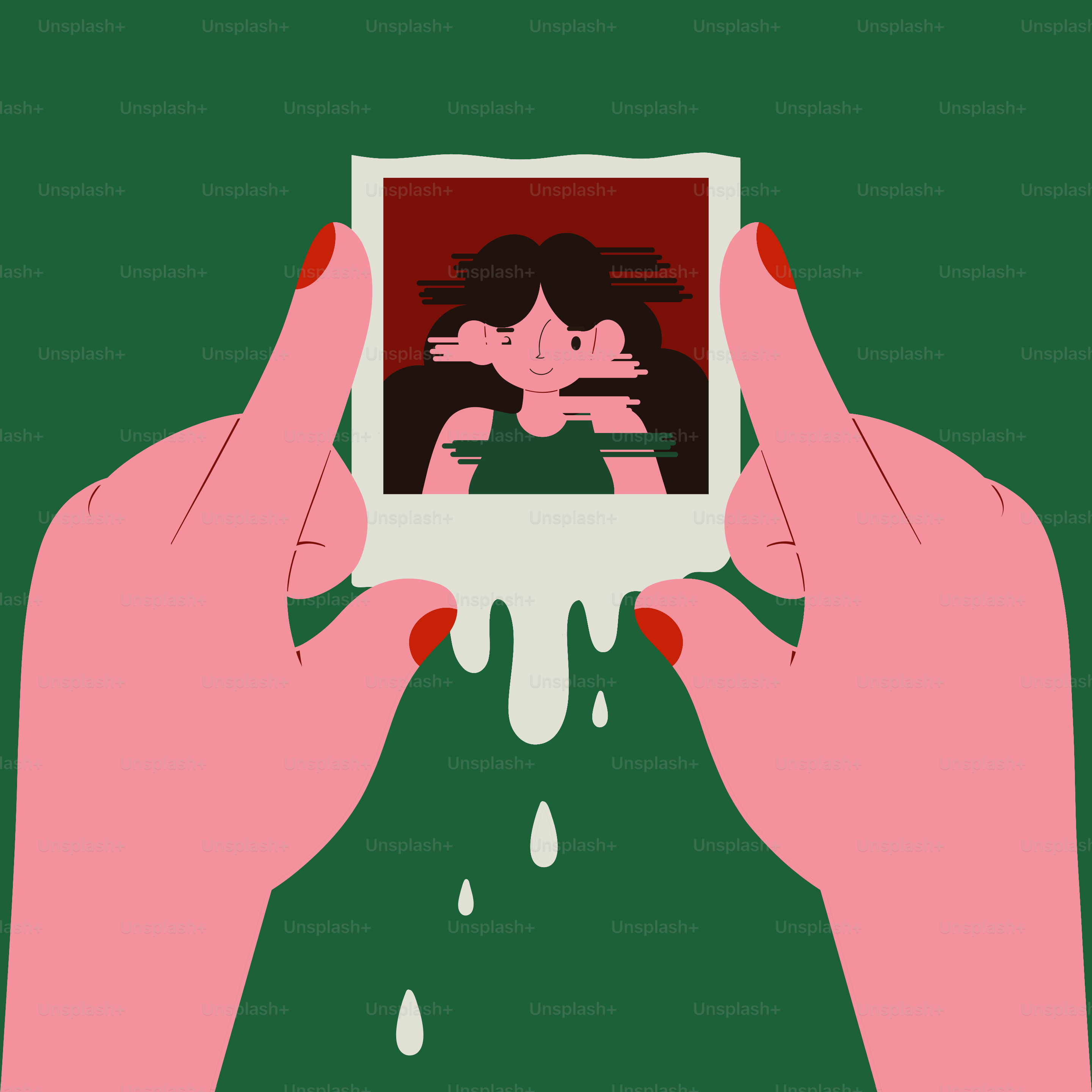Hände halten ein schmelzendes Polaroid des Gesichts einer fehlerhaften Frau.