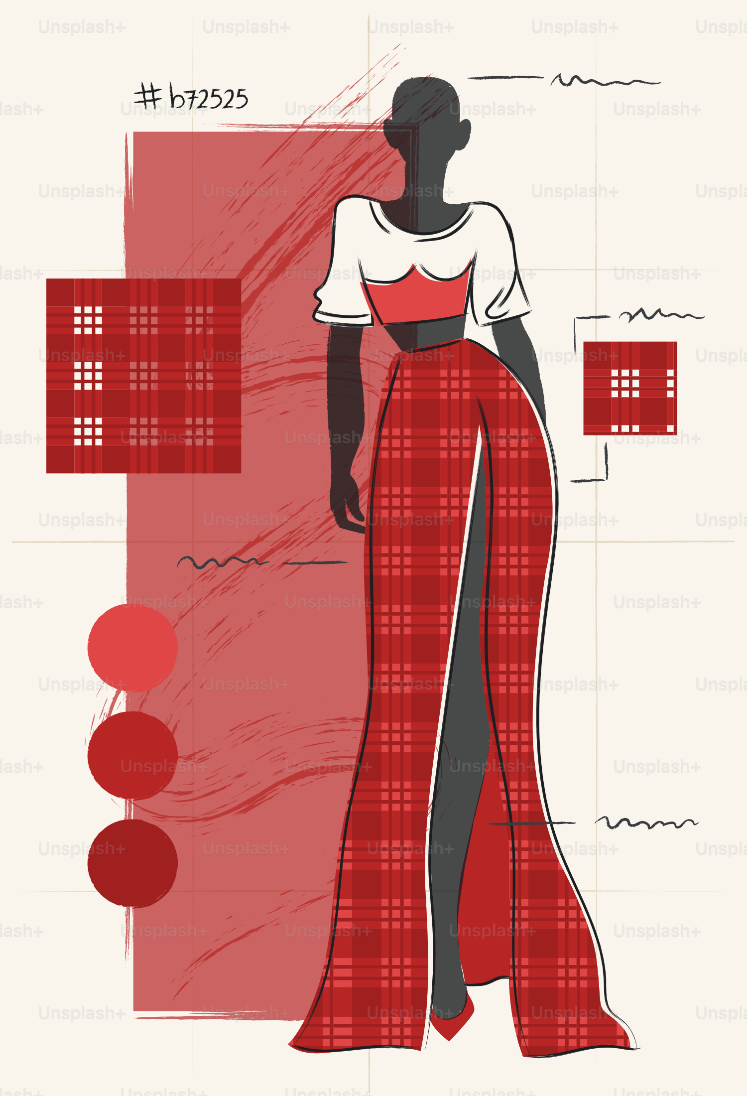 Boceto de diseño de moda de un conjunto de cuadros rojos