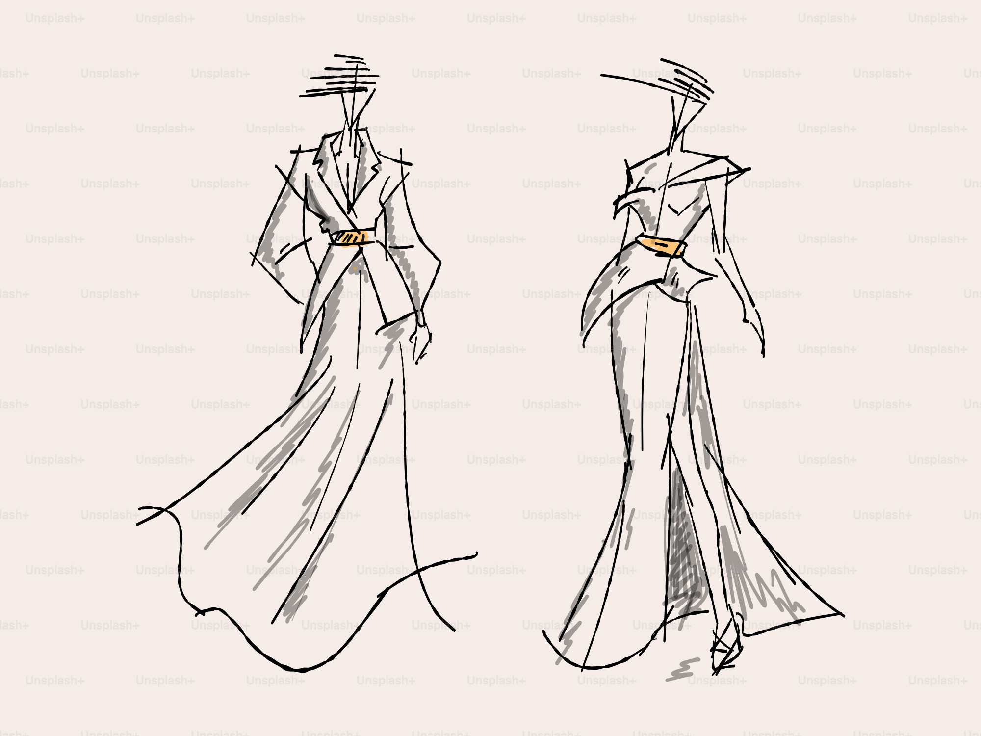 Esboços de moda de mulheres usando vestidos longos e elegantes.