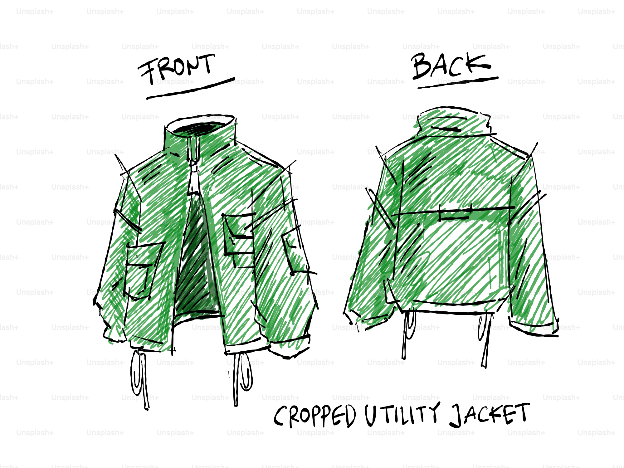 Esboços verdes de uma jaqueta utilitária curta, na frente e atrás.