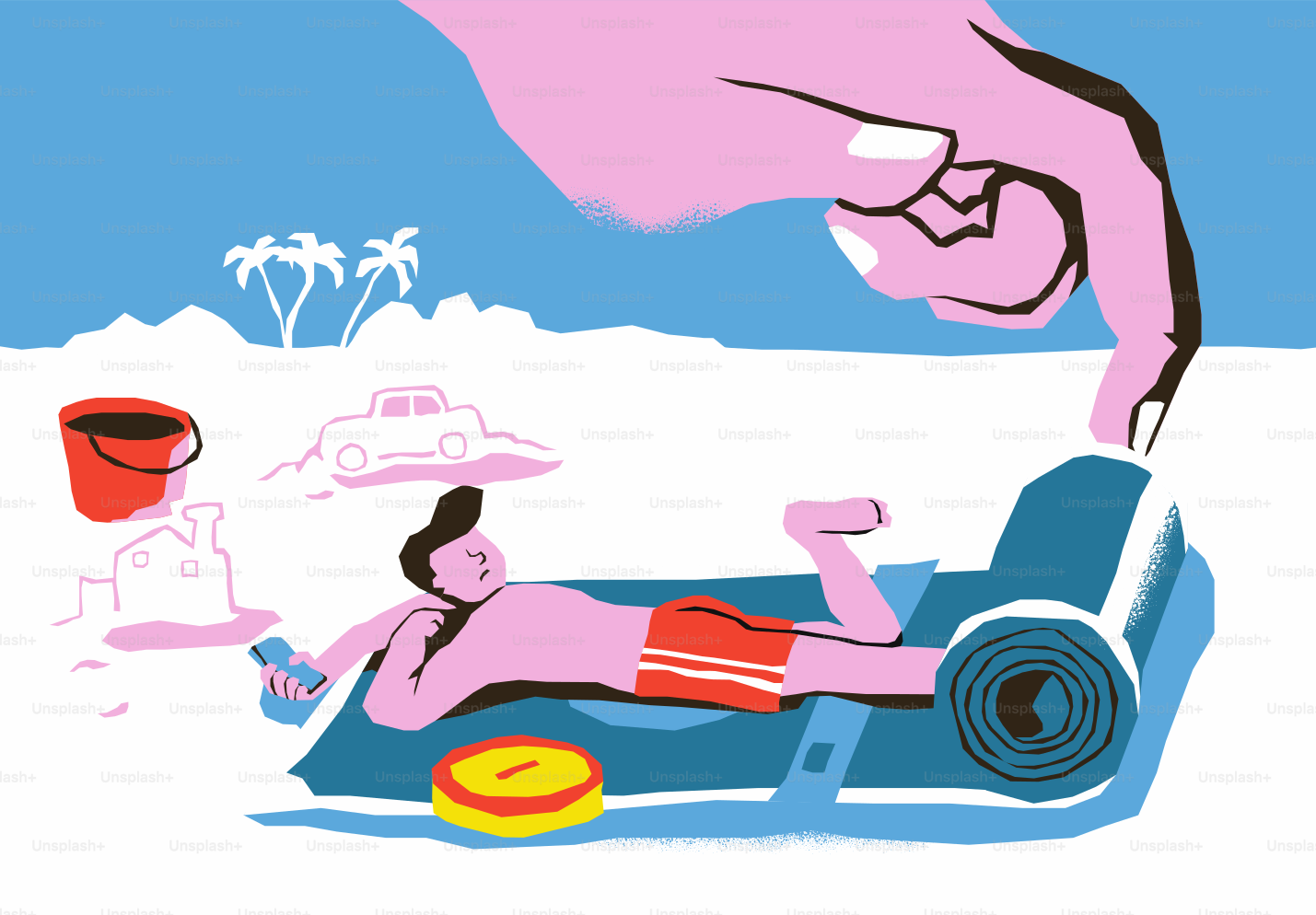 Giant hand moves man on beach with sandcastles.