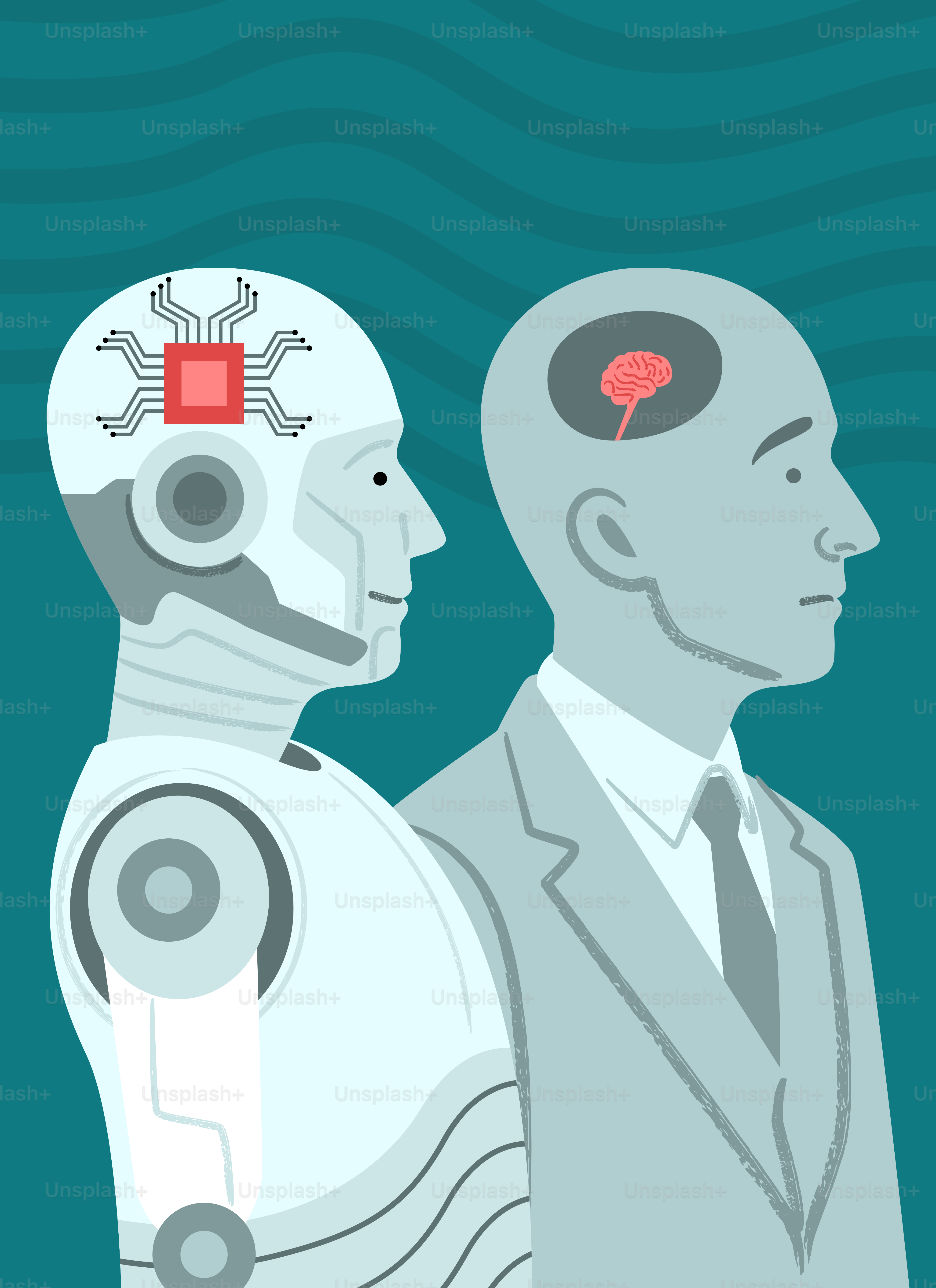 Robot dengan papan sirkuit dan manusia dengan otak.