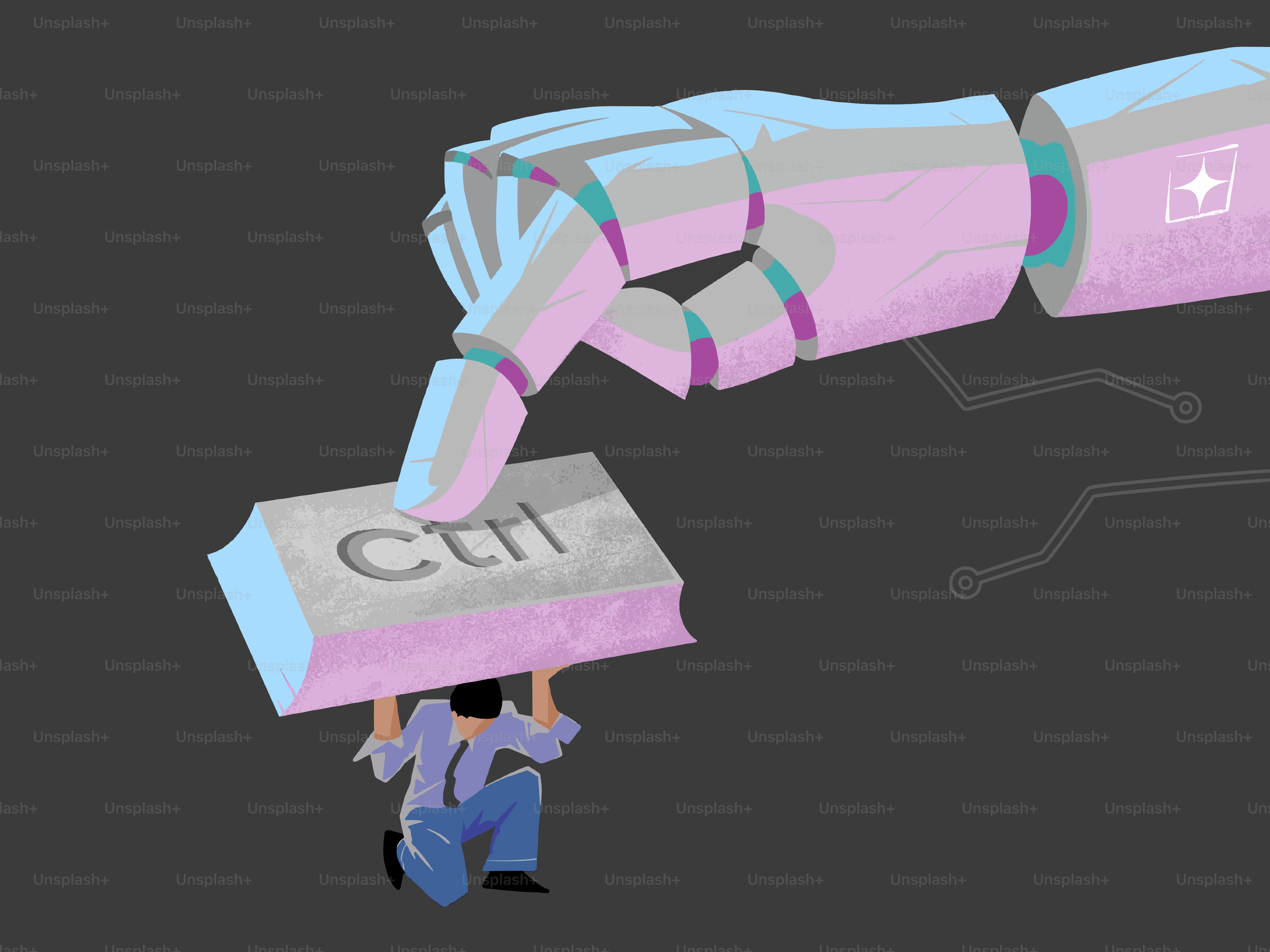 큰 로봇 손이 버둥거리는 사람 위에서 "ctrl" 키를 눌렀다.