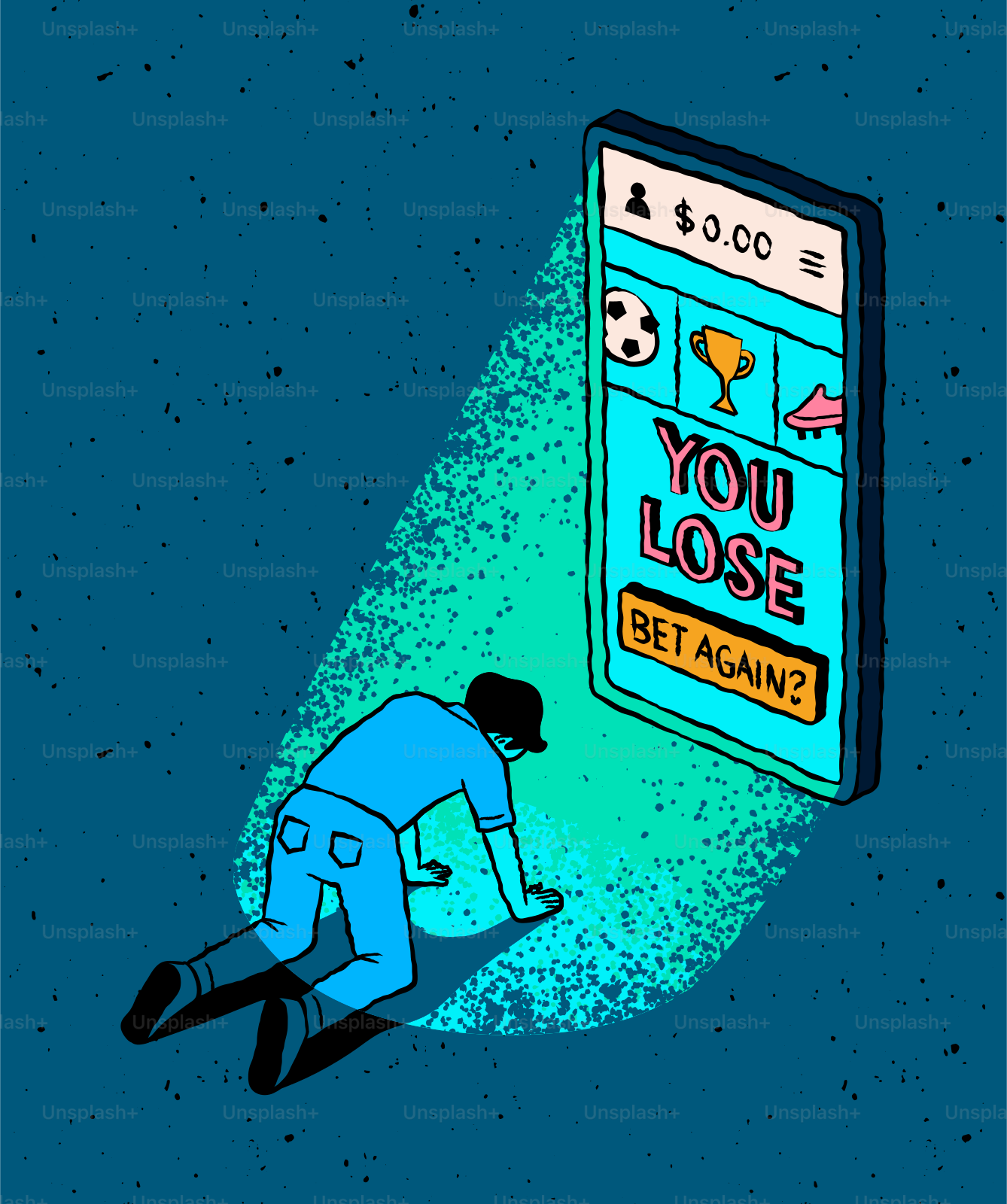 その人が膝をつき、携帯電話の前に「負けました」という賭けメッセージが表示されます。