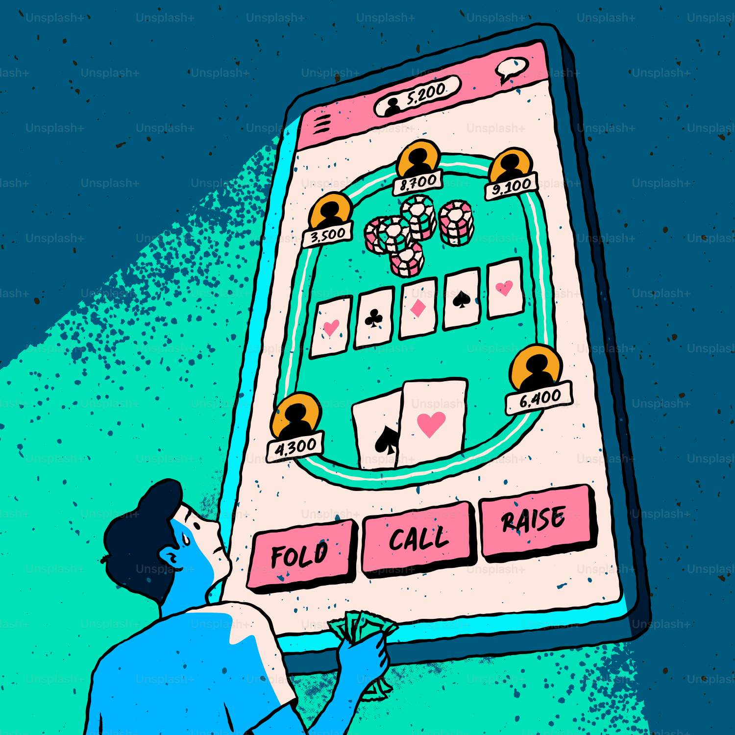 ある人が大きなスマートフォンの画面でオンラインポーカーをプレイしています。