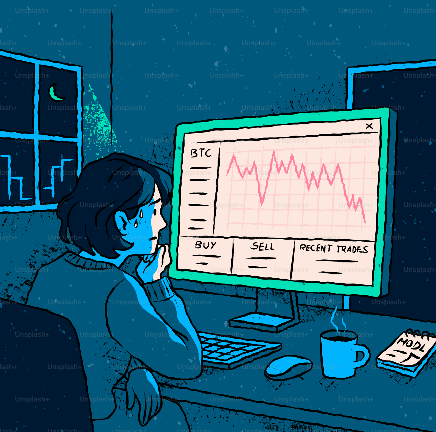 不安な女性が、自分のパソコンで暗号通貨市場が暴落するのを見ている。